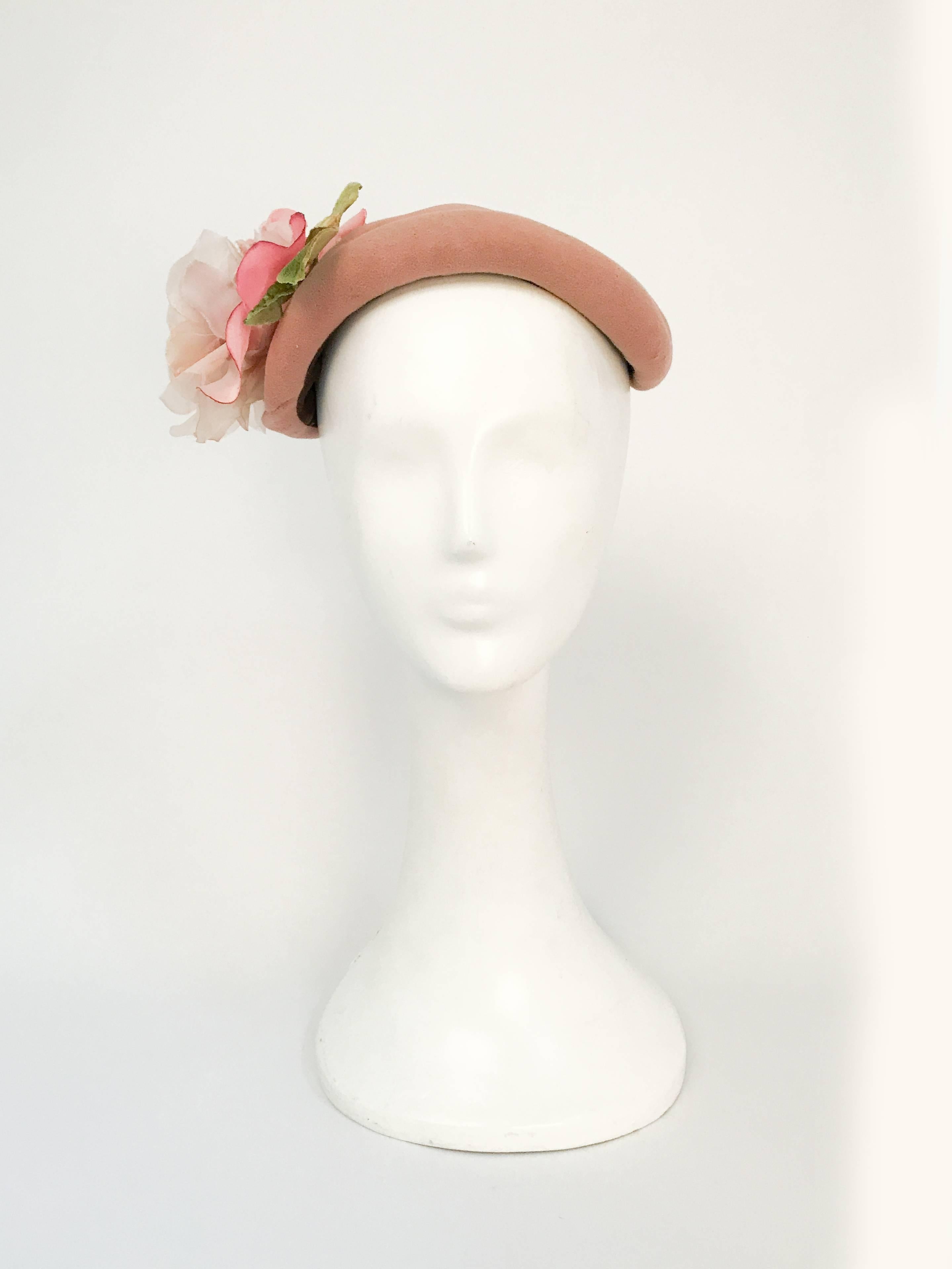 1950s I. Magnin Pink Hat with Silk and Velvet Flower. Pink hat with silk handmade rose with velvet leaves.