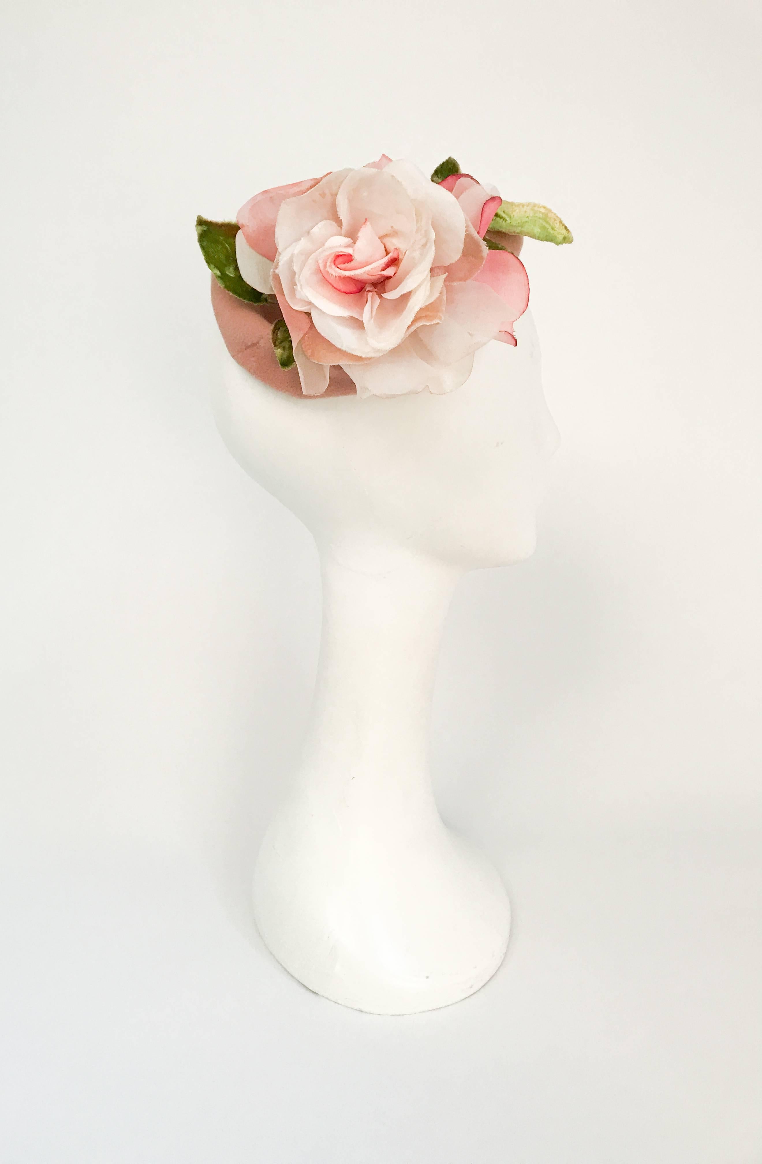 Gray 1950s I. Magnin Pink Hat with Silk and Velvet Flower