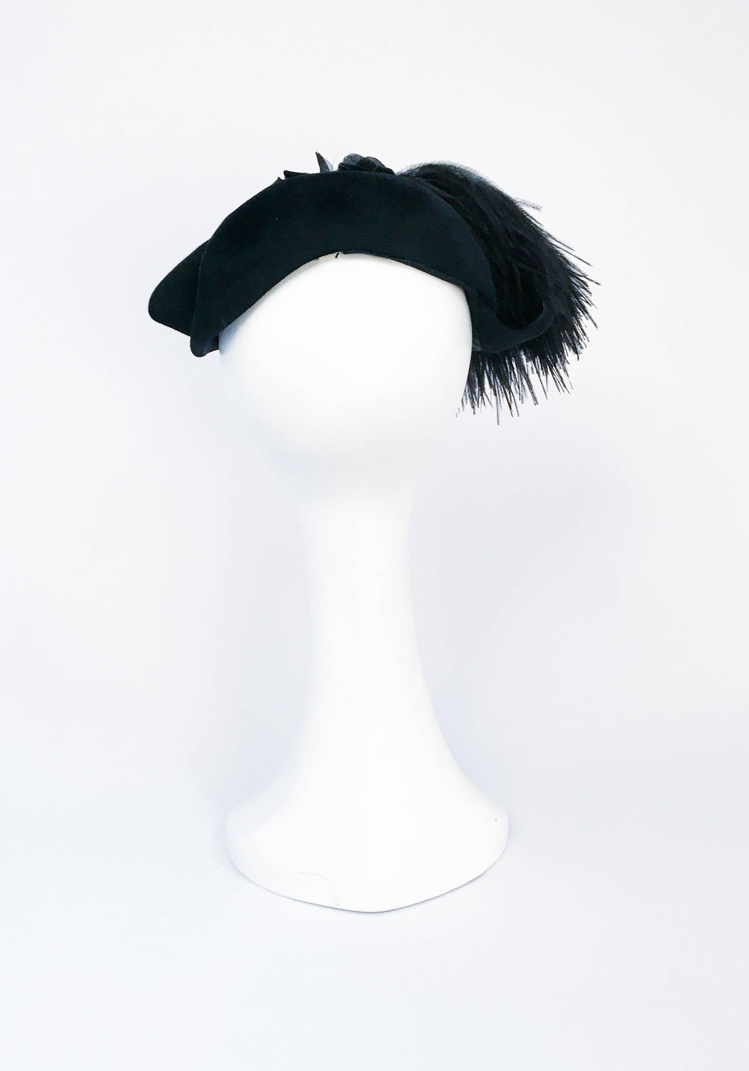 1950s Black Felt hat with Silk/Velvet Flower and Feather Accent 3