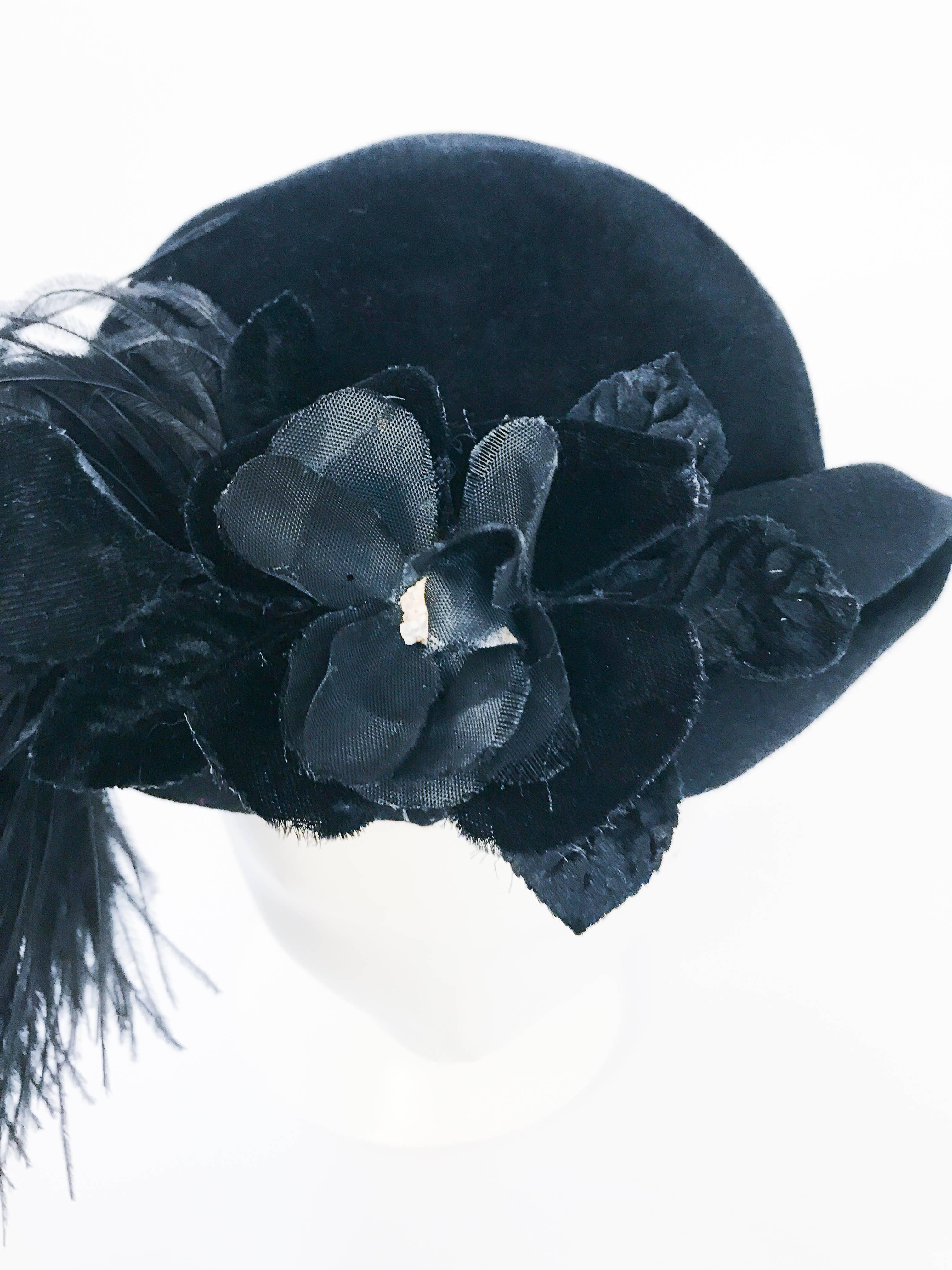 1950s Black Felt hat with Silk/Velvet Flower and Feather Accent 1