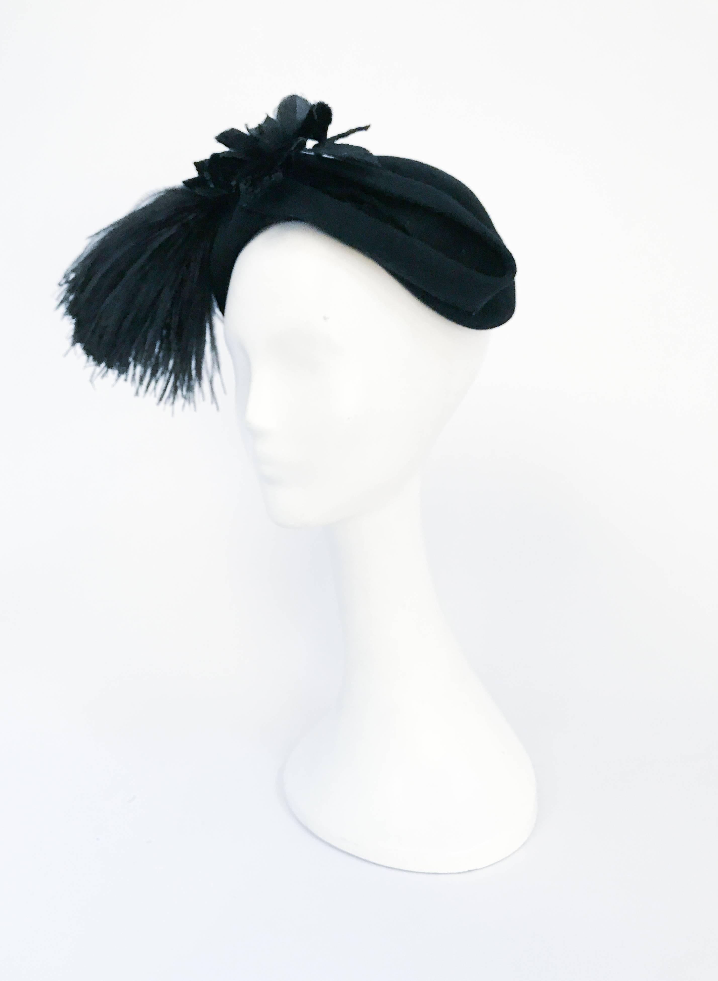 1950s Black Felt hat with Silk/Velvet Flower and Feather Accent 4
