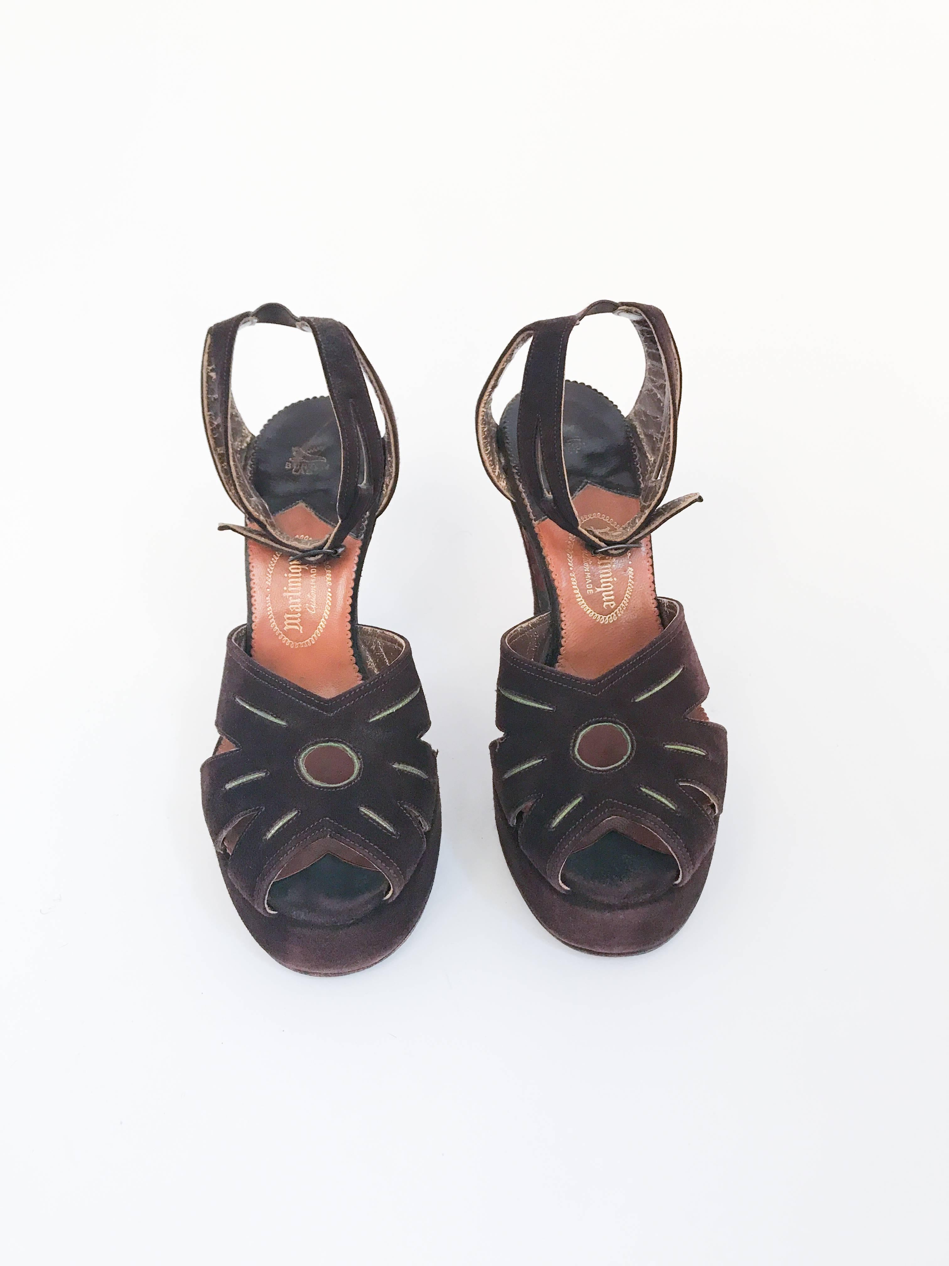 1947 Brown Suede Heels With Cut-out Accents. Brown suede strap heels with lime green leather accents. Cutout accents are also featured. 