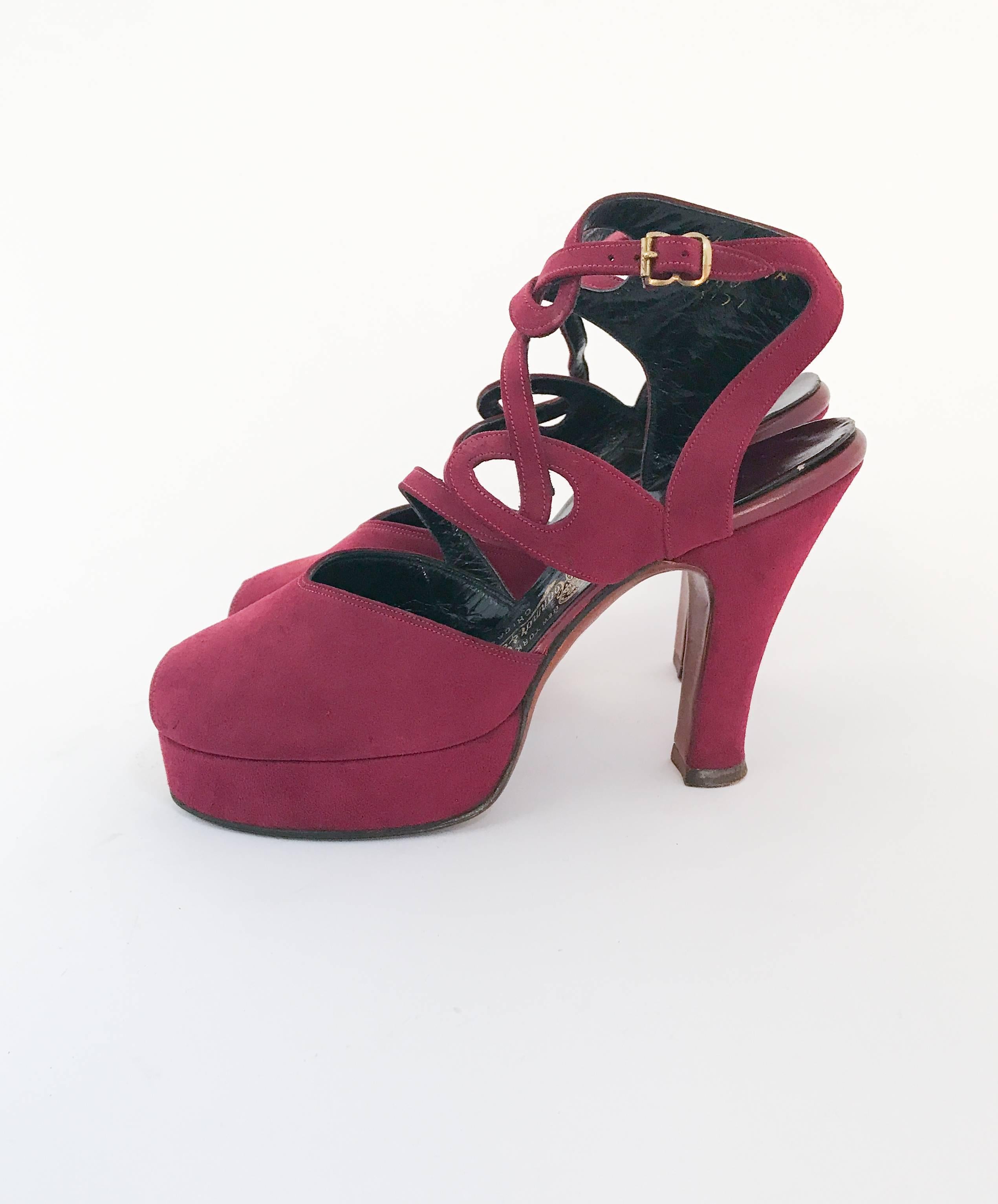 Brown 1947 Plum Suede Heels With Strap and Cut-out Accents For Sale