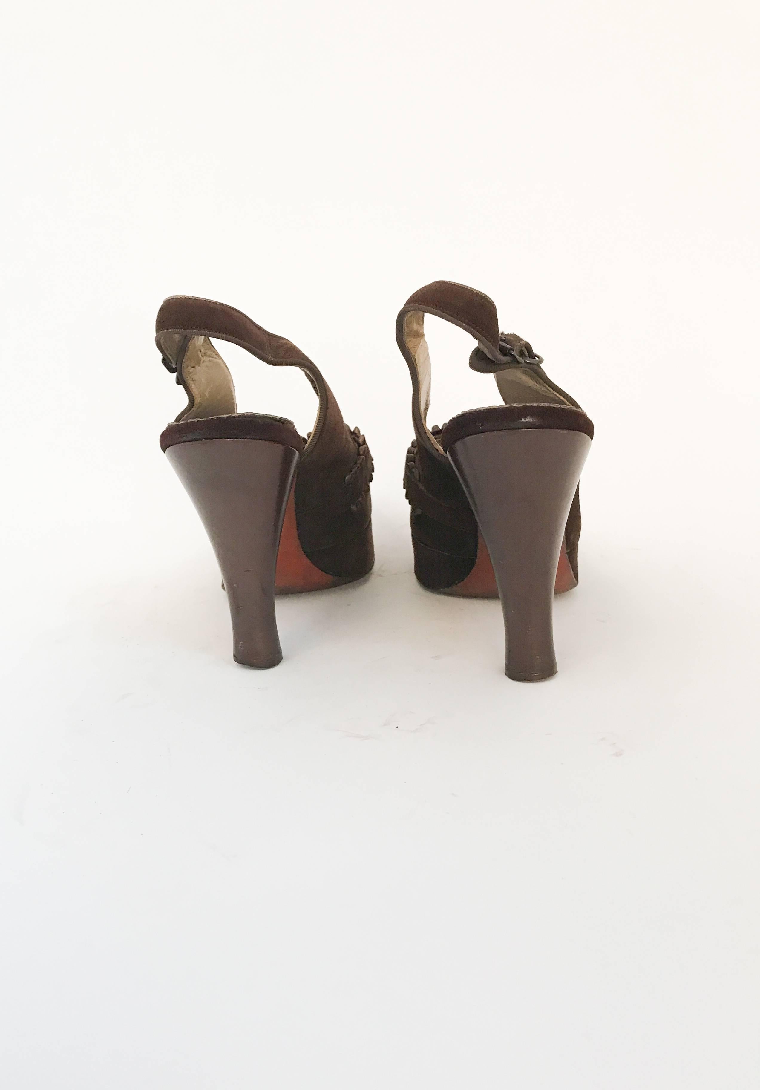 1947 Brown Suede and Leather Sling Back Heels For Sale at 1stDibs