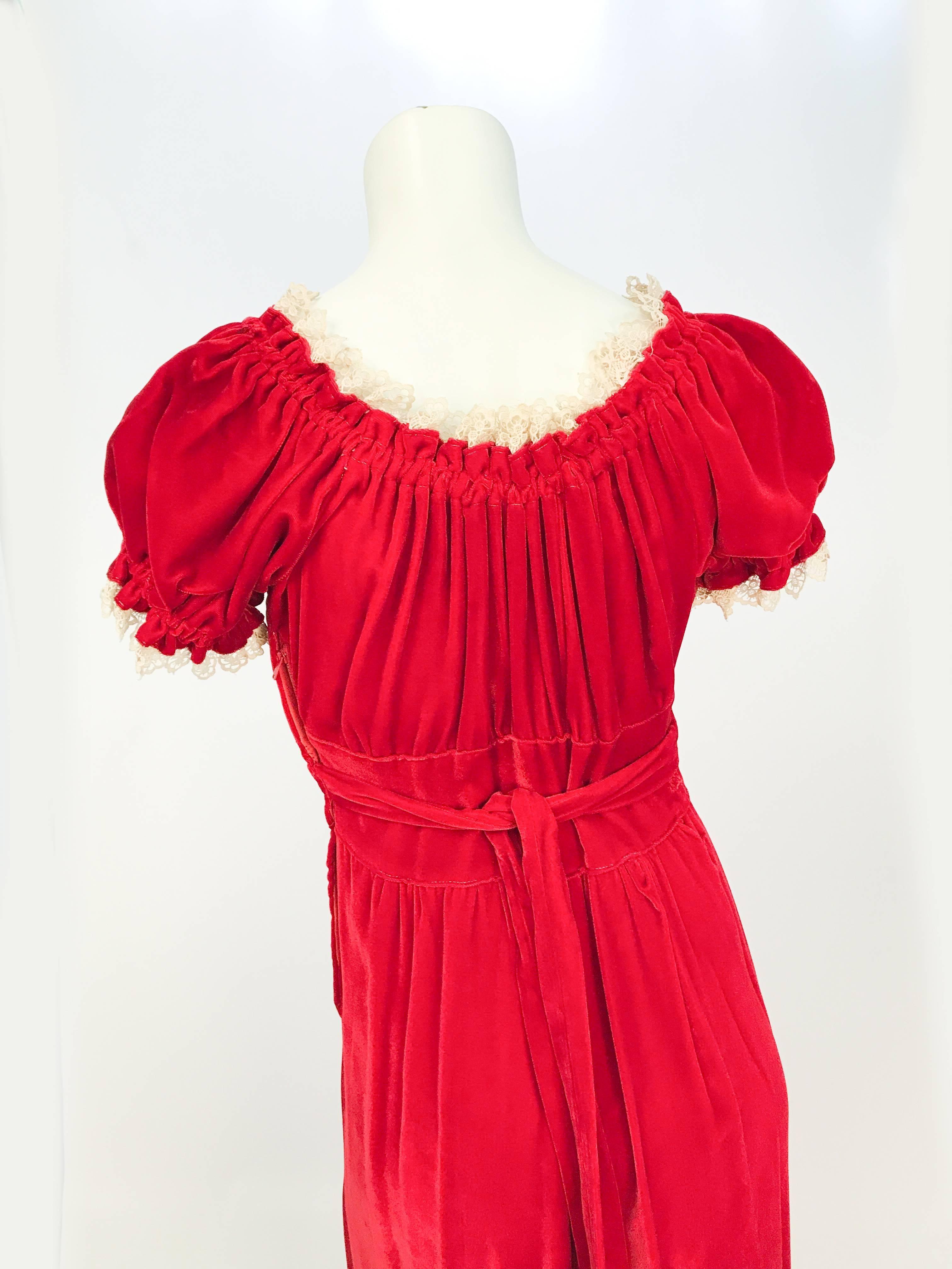 Women's 1930s Red Velvet and Lace Bias Cut Dress