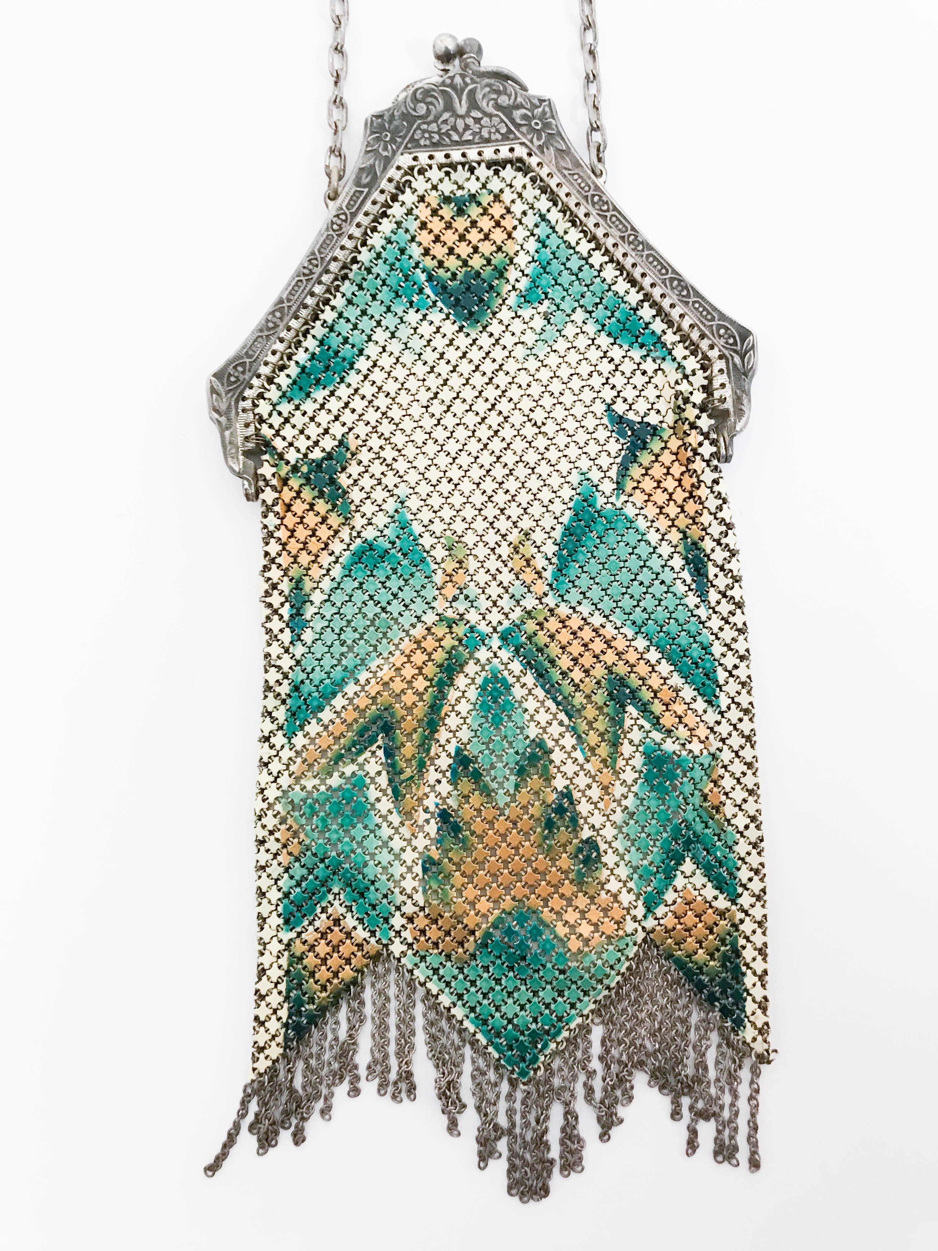 1920s Mandalian Metal Hand Painted Linked Purse. Metal linked purse with multi-toned green and gold hand painting and chain fringe. 