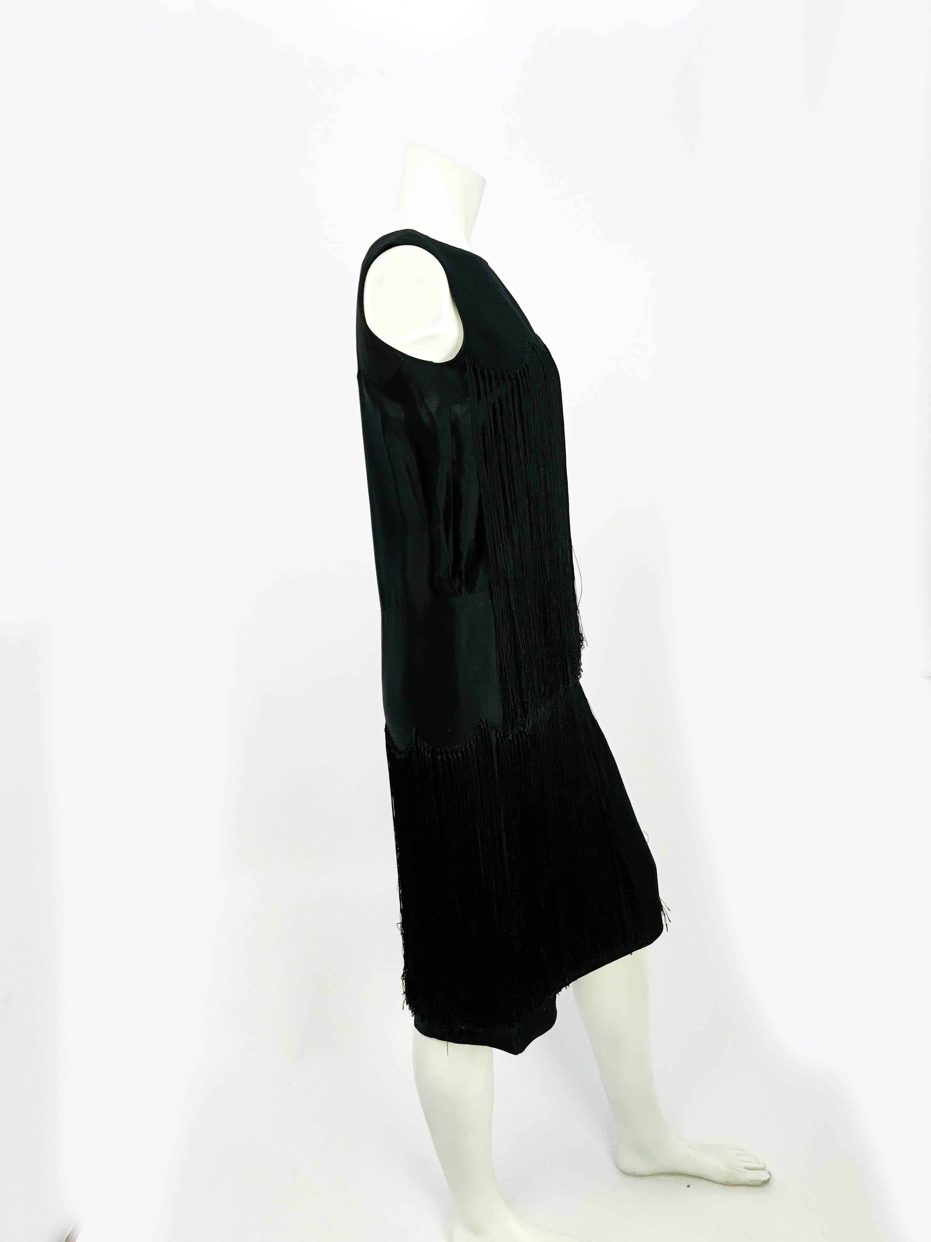1920s Black Satin Evening Dress With Fringe In Good Condition For Sale In San Francisco, CA