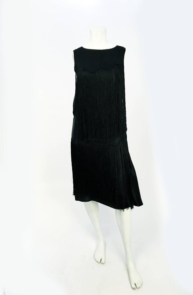 Women's 1920s Black Satin Evening Dress With Fringe For Sale