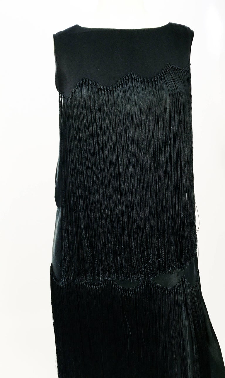 1920s Black Satin Evening Dress With Fringe For Sale 1