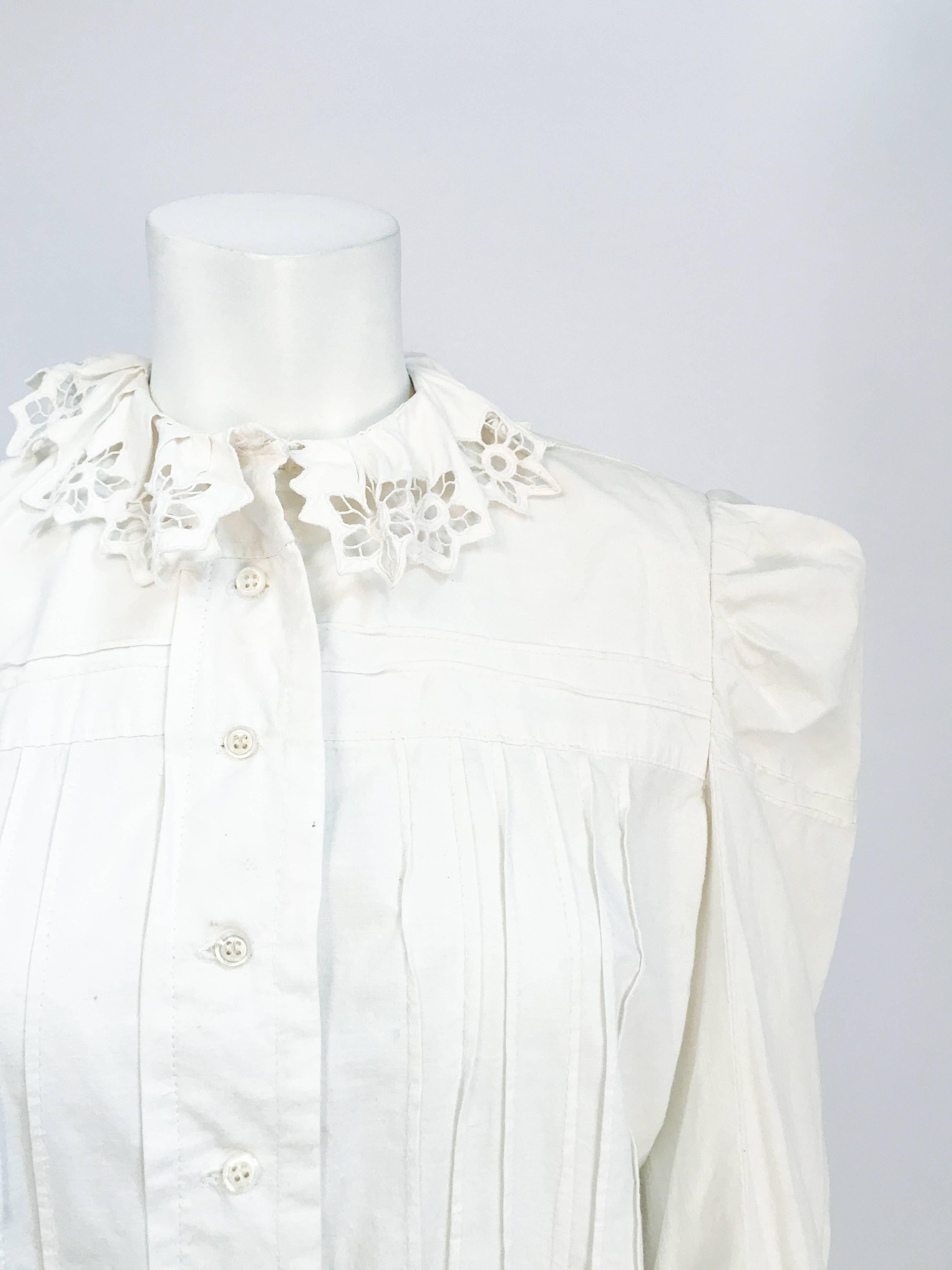 Edwardian White Cotton Hand Made Blouse. White cotton short Jacket with pleats and cut-work trimming on collar and hem. 