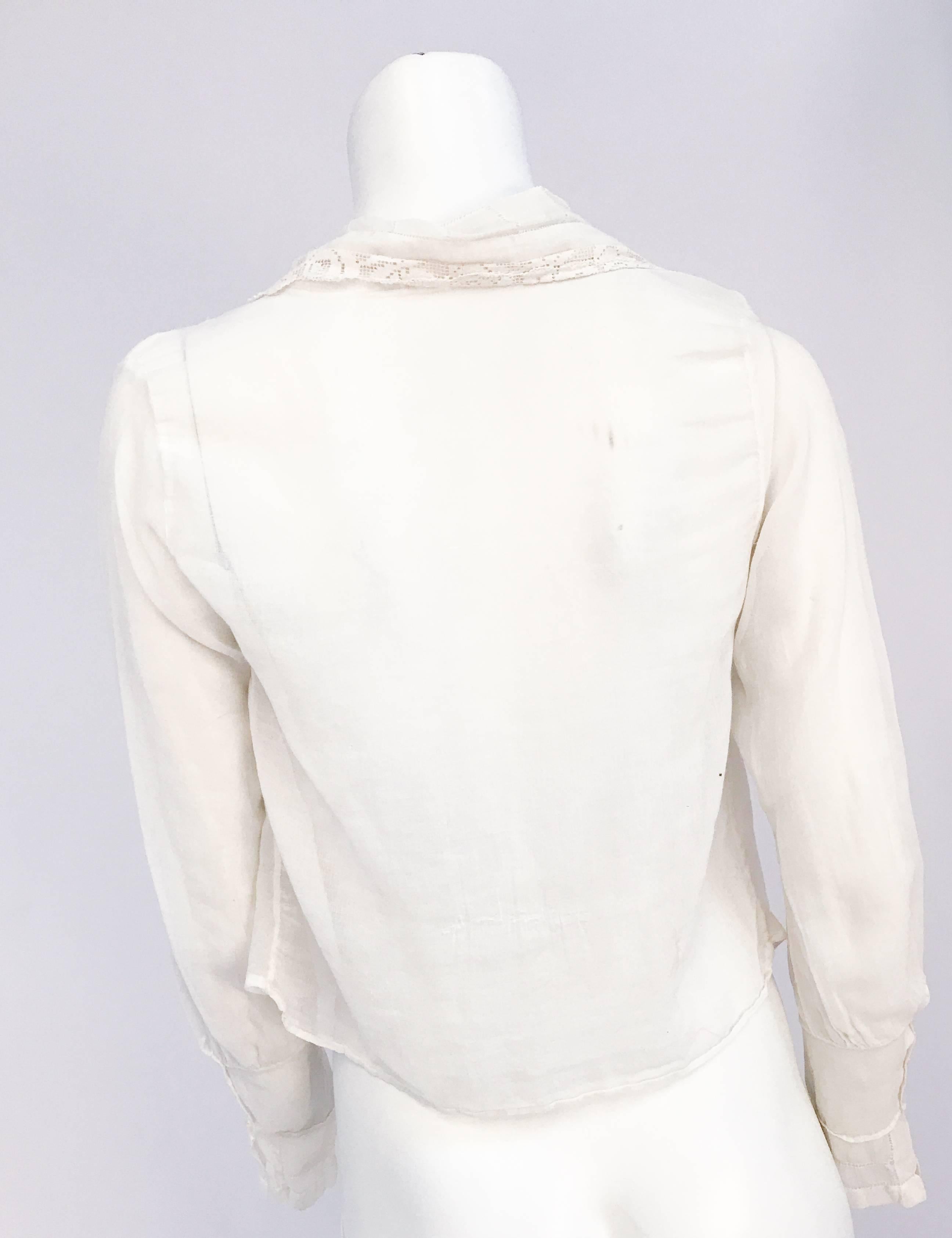 Women's White Handmade Blouse With Lace and Pull Work, Late 1910s  For Sale