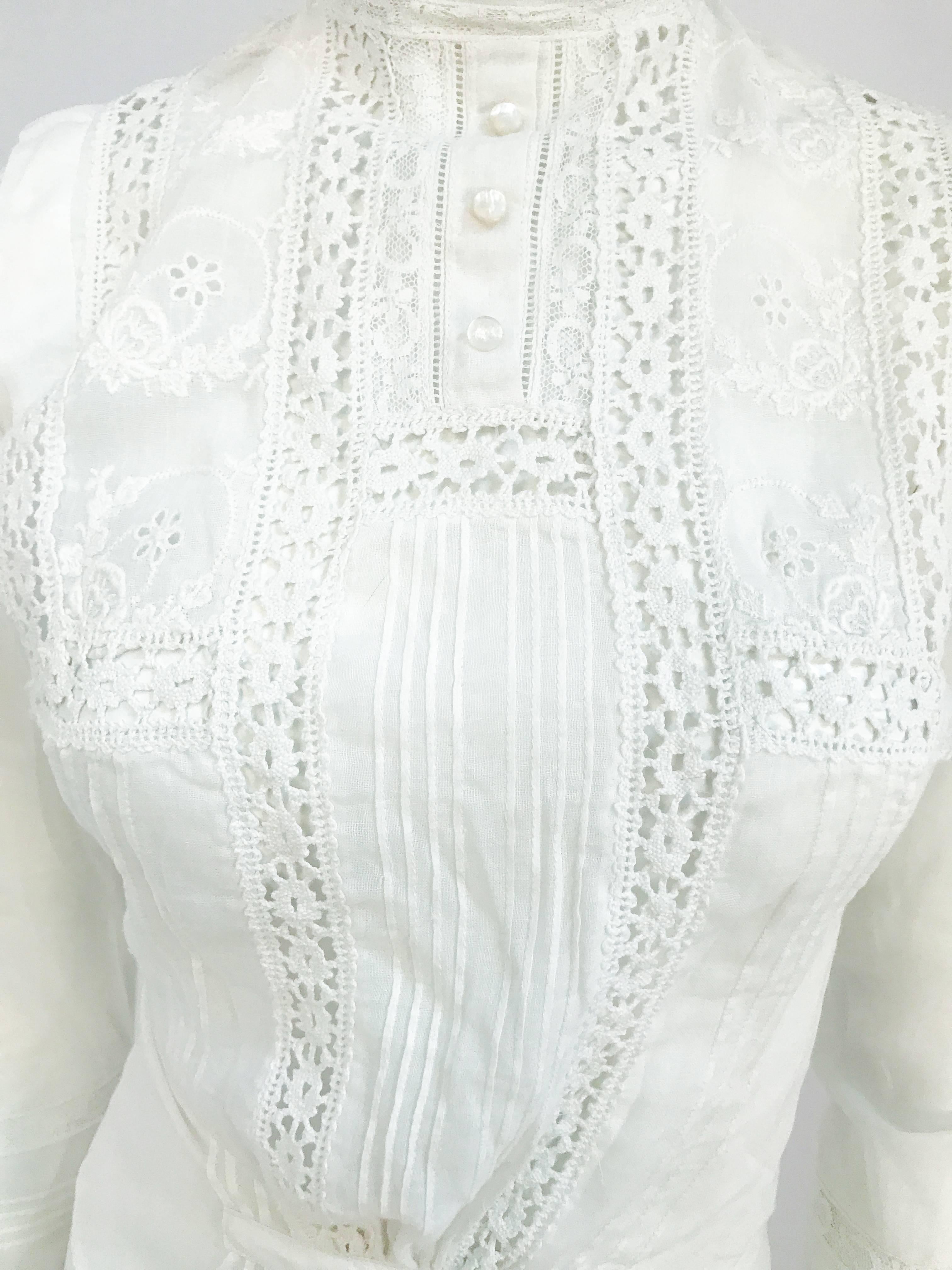 Gray Edwardian White Cotton Long Sleeve Blouse