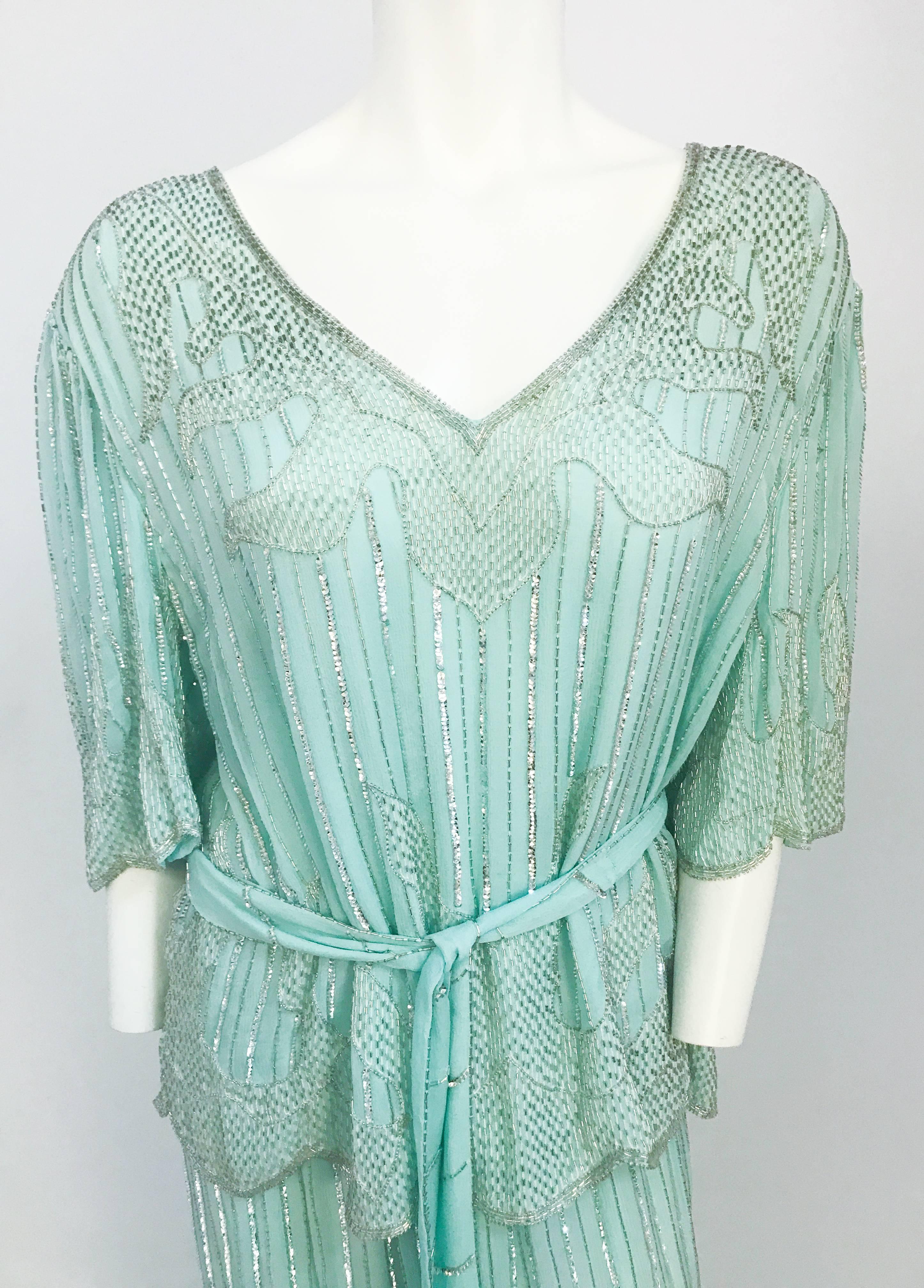 Judith Ann Teal Chiffon Beaded Skirt Set, 1980s  In Good Condition In San Francisco, CA