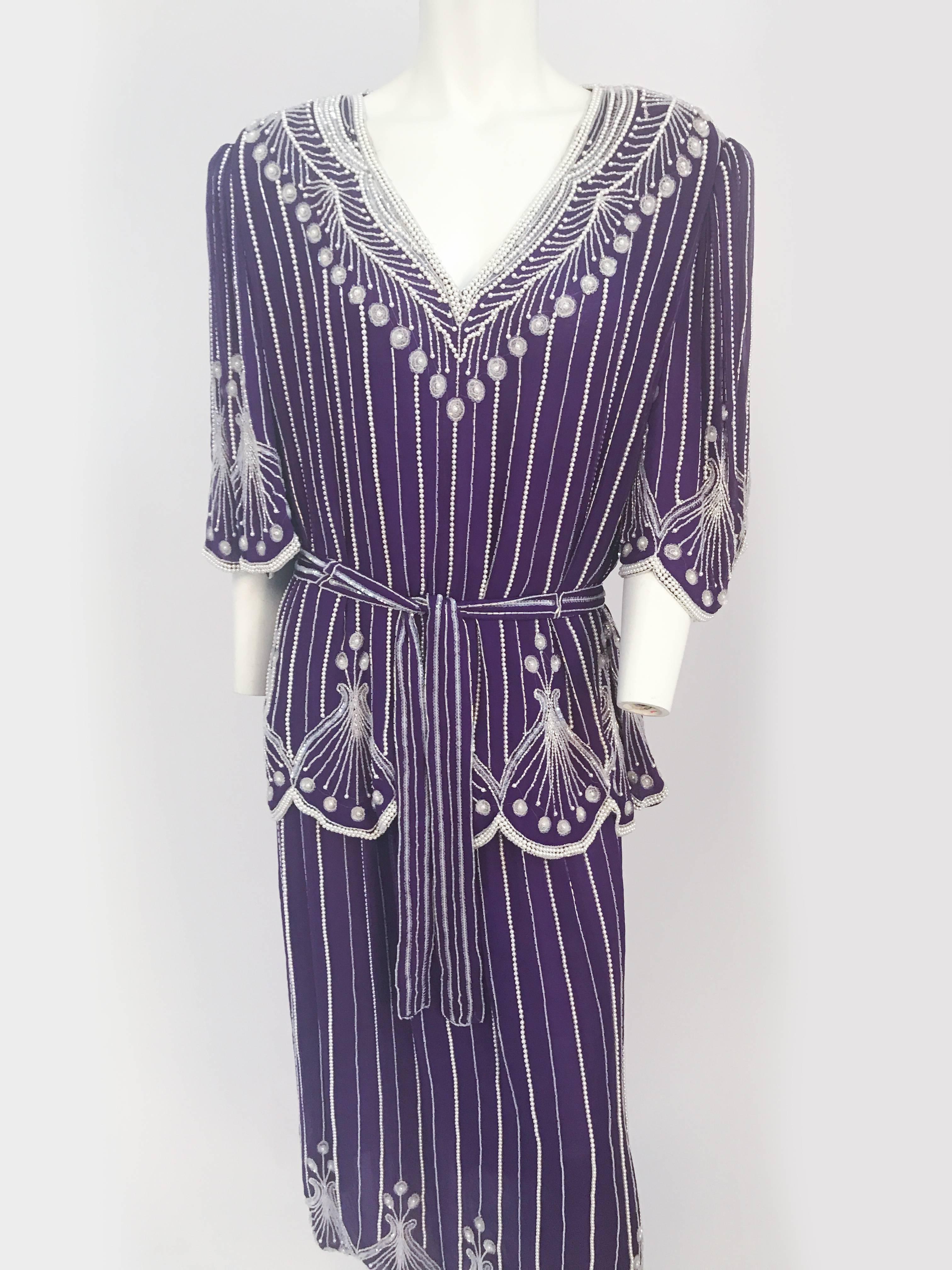 1980s Neiman Marcus Purple Beaded Ensemble Skirt Set with matching beaded sash
