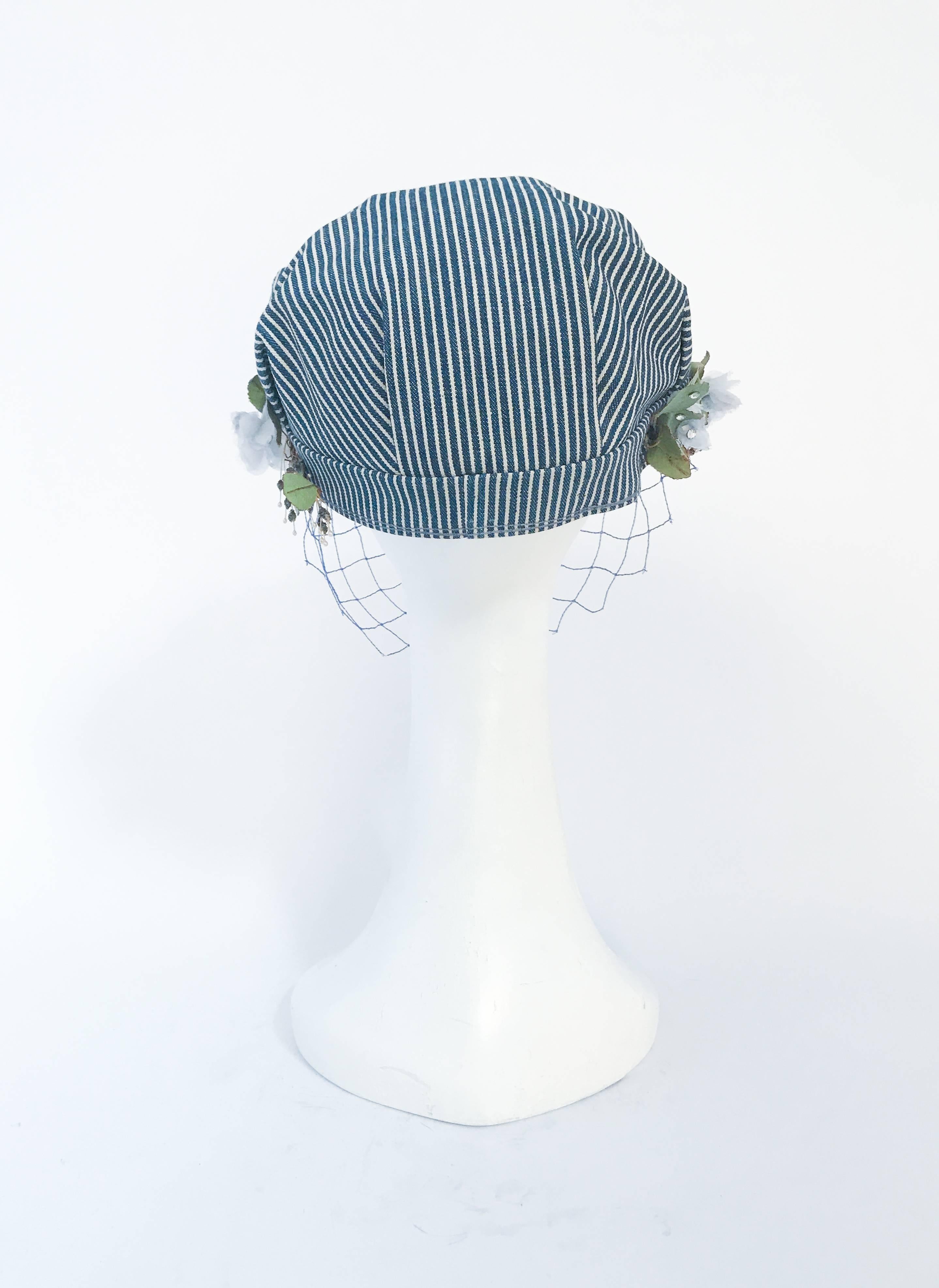 1950s Working Railroad Hat with Silk Flowers and Net In Good Condition For Sale In San Francisco, CA