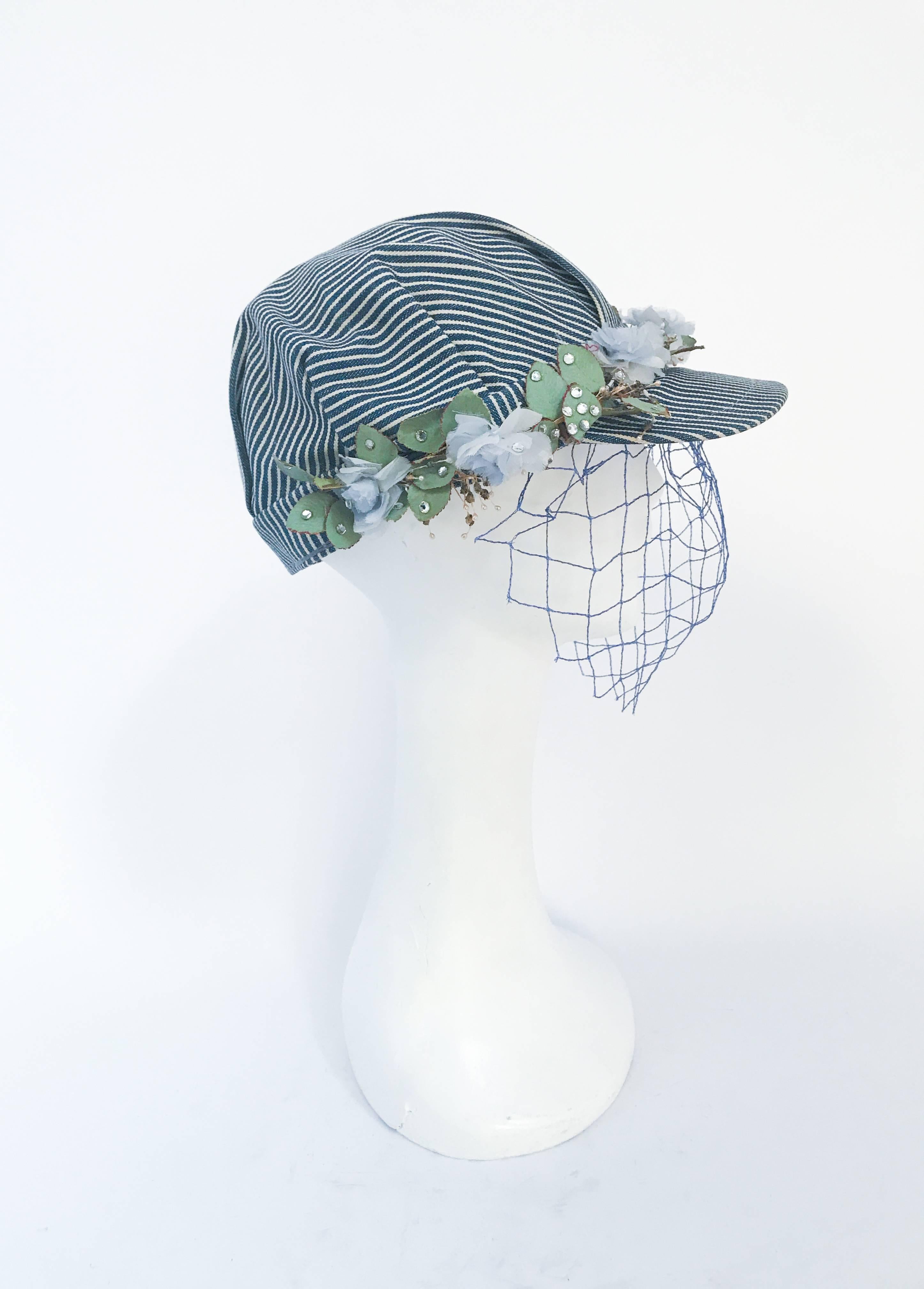 Gray 1950s Working Railroad Hat with Silk Flowers and Net For Sale
