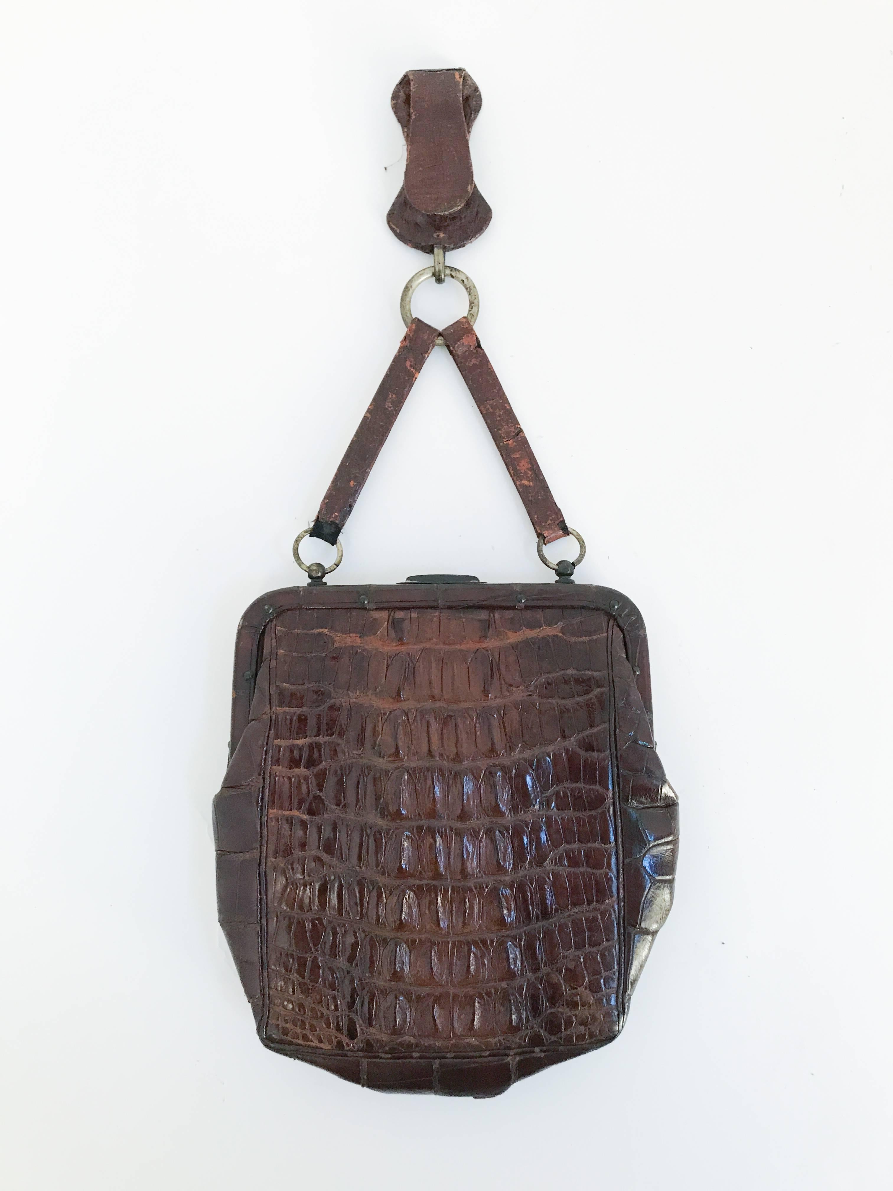 1910s Edwardian Alligator Chatelaine  Purse. Brown Alligator Chatelaine purse with strap and clip. Made to be clipped on to a belt.