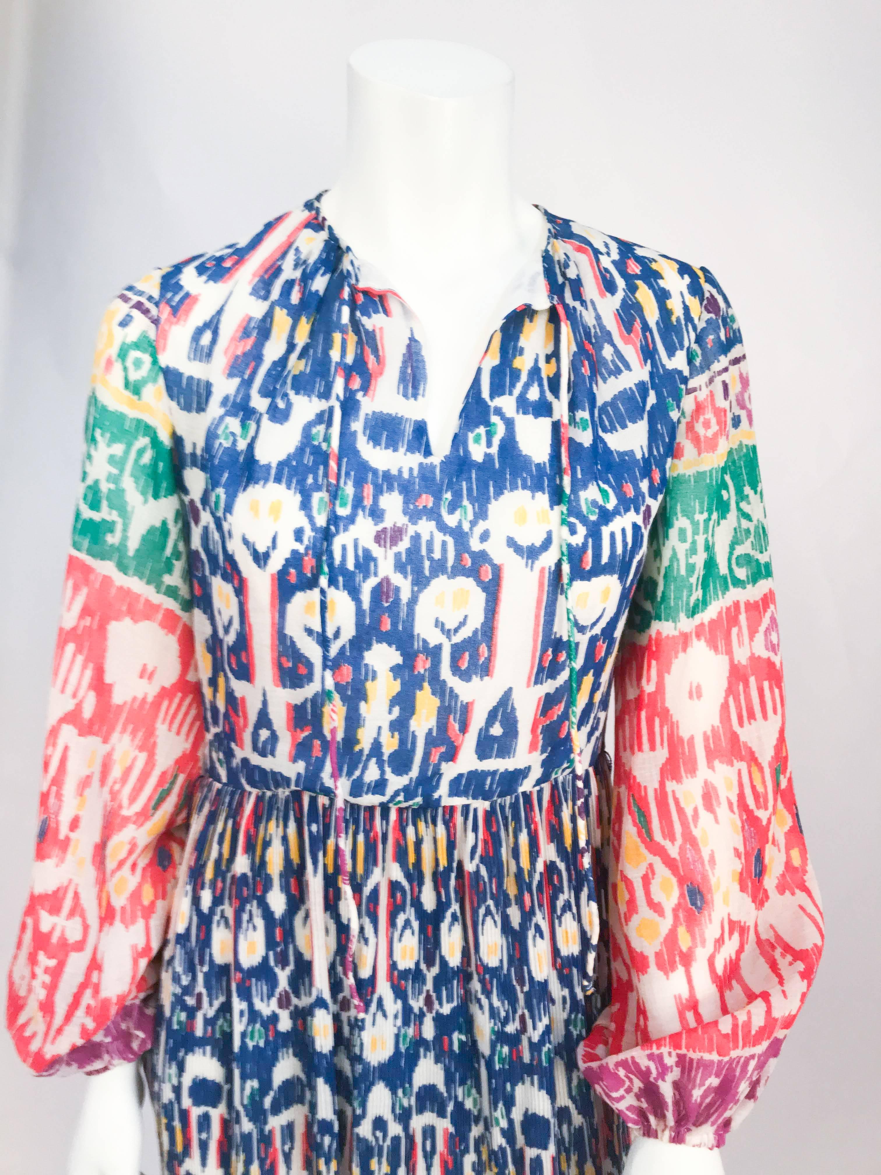 1970s I. Magnin Pleated Impressionist Printed Day Dress In Good Condition For Sale In San Francisco, CA