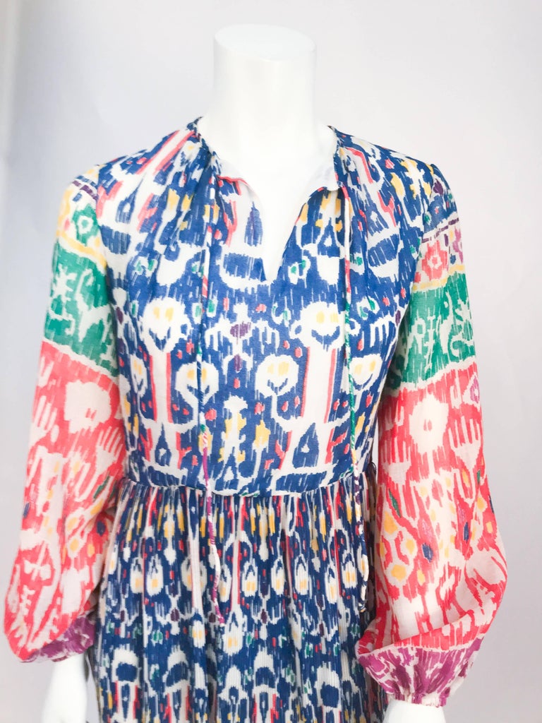 1970s I. Magnin Pleated Impressionist Printed Day Dress For Sale at 1stDibs