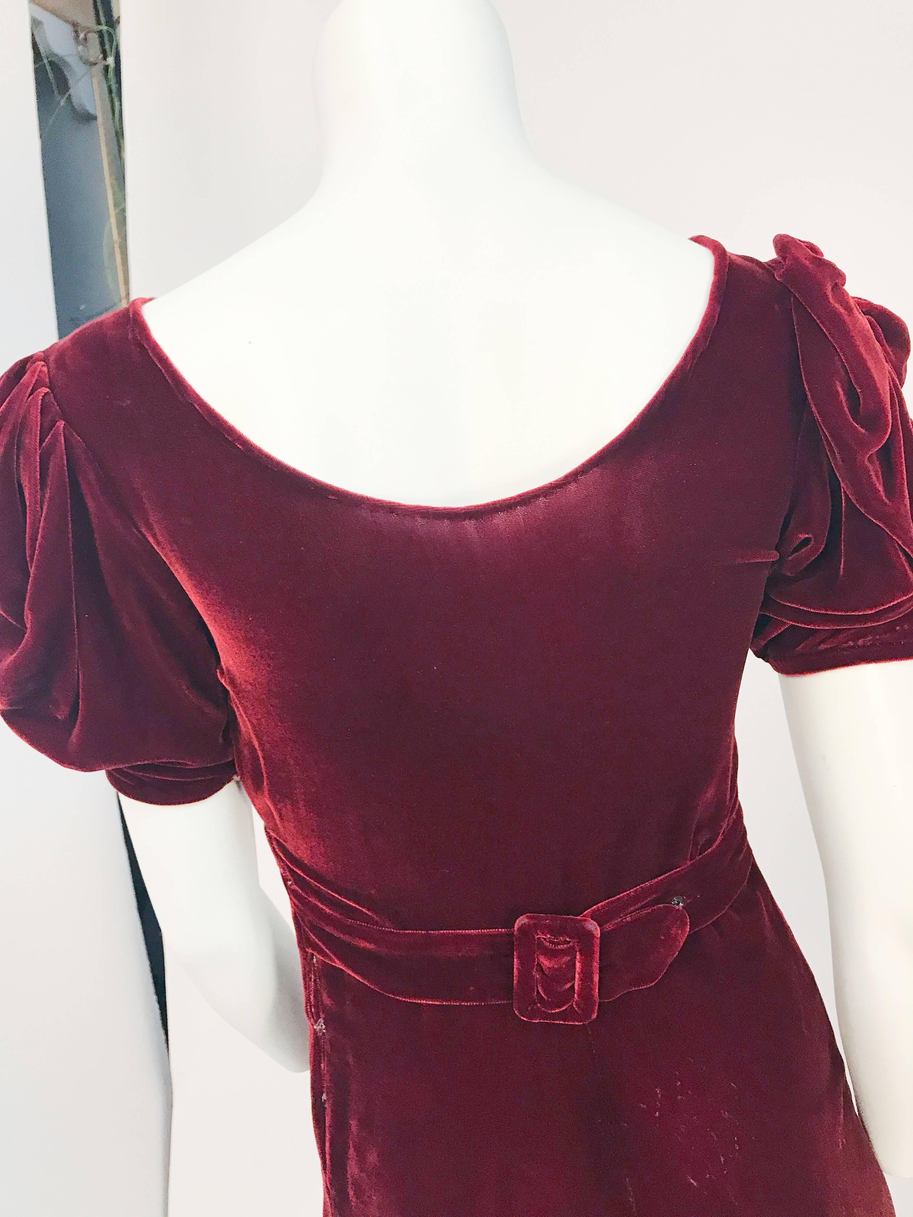 Black 1930s Dark Rust Silk Velvet Ruched Evening Gown For Sale