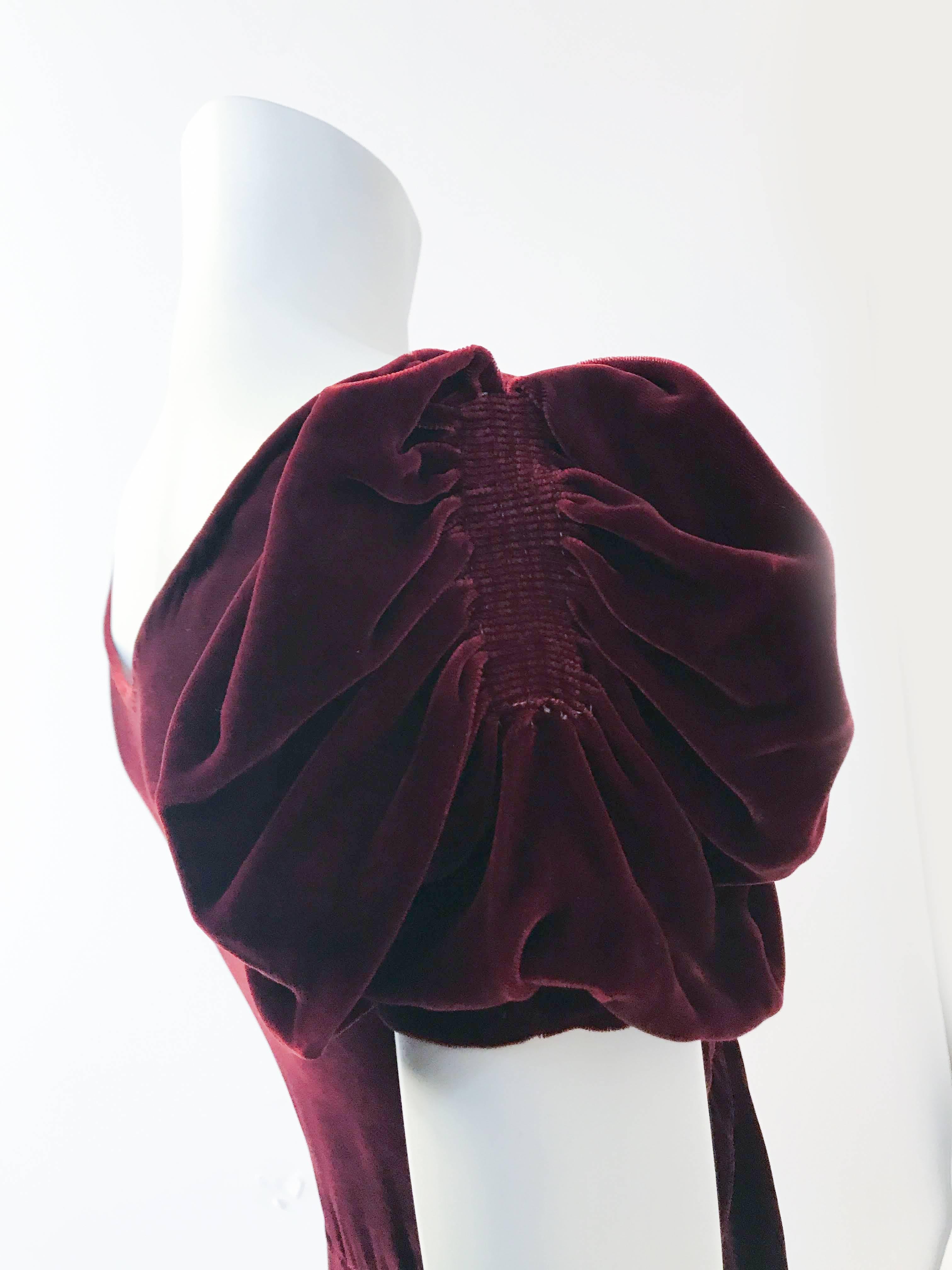 1930s Dark Rust Silk Velvet Ruched Evening Gown For Sale 1
