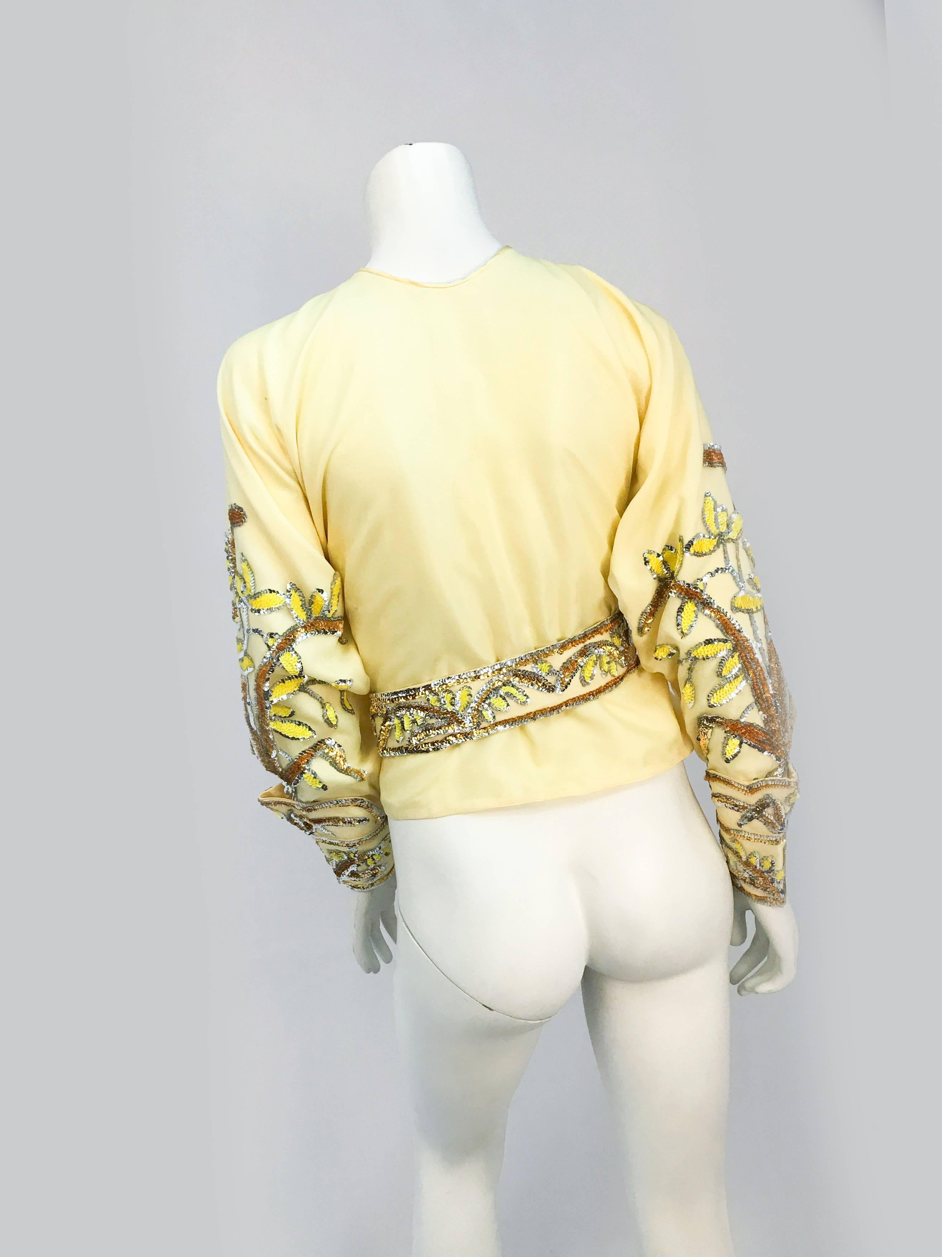 1960s Handmade Yellow Sequin Top and Belt Set with Flared Cuffs For Sale 1