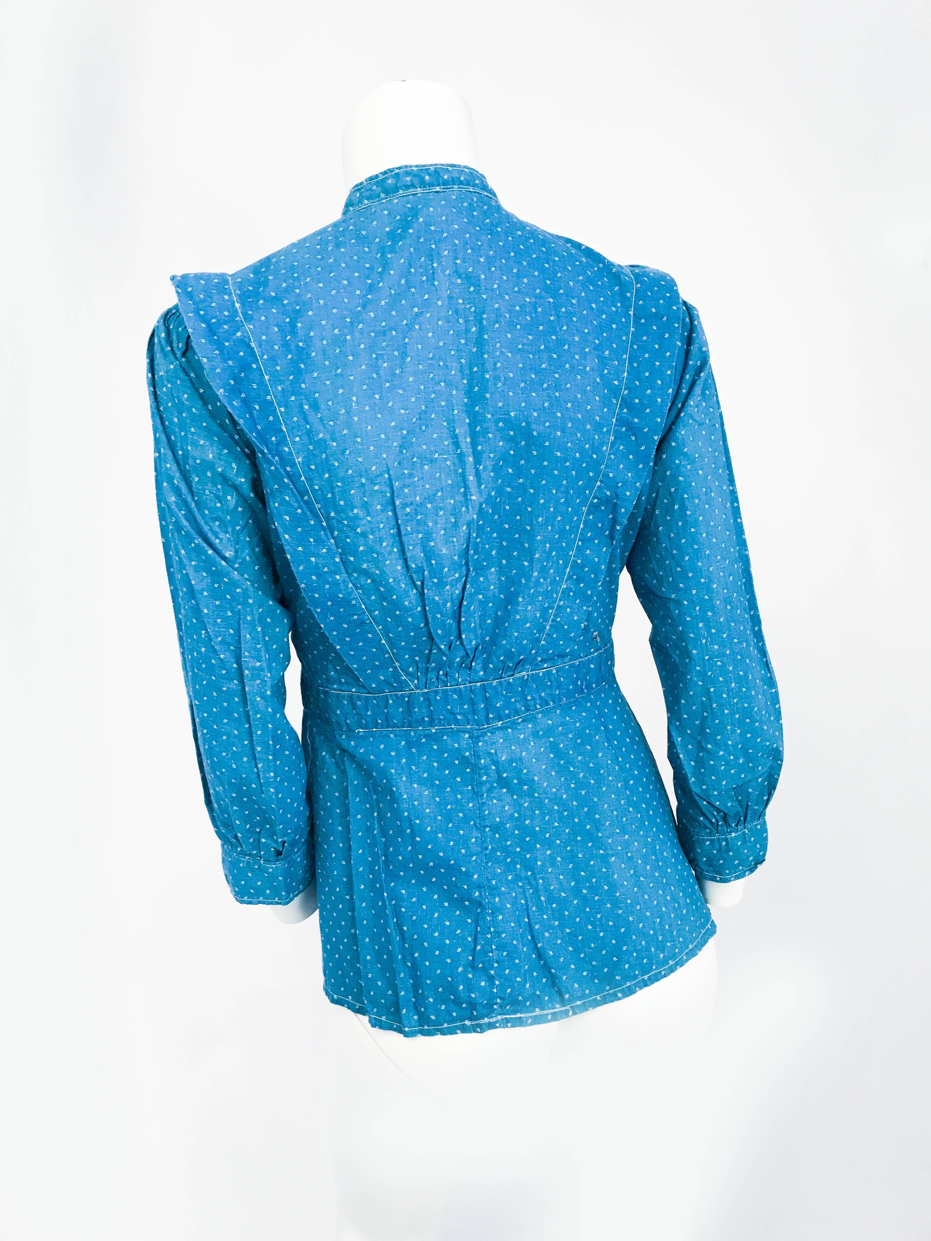 1800s Victorian Civil War Calico Frontier House Shirt. Indigo hand made (single stitch) house shirt from Civil War Era. 