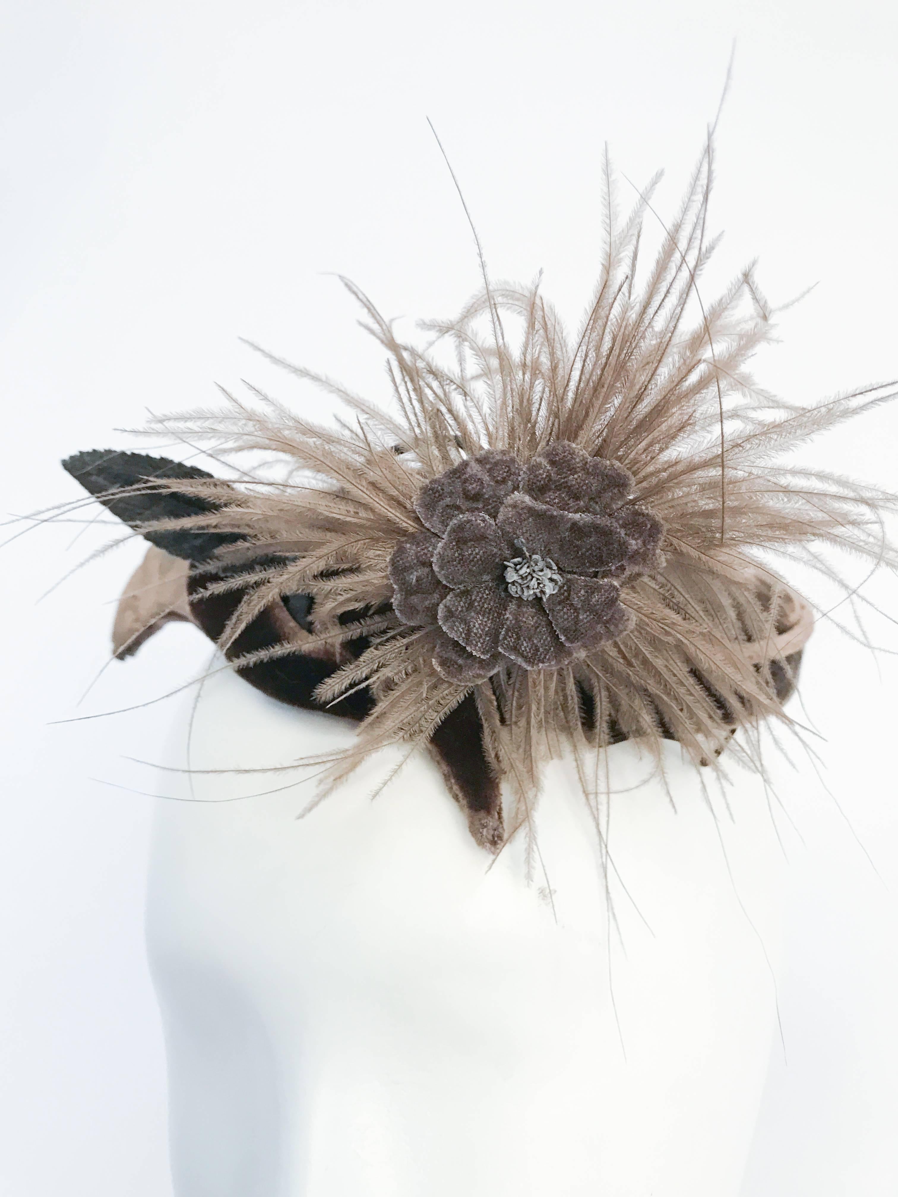 Gray 1950s Taupe Rayon Velvet Hat with Feathered Flower For Sale