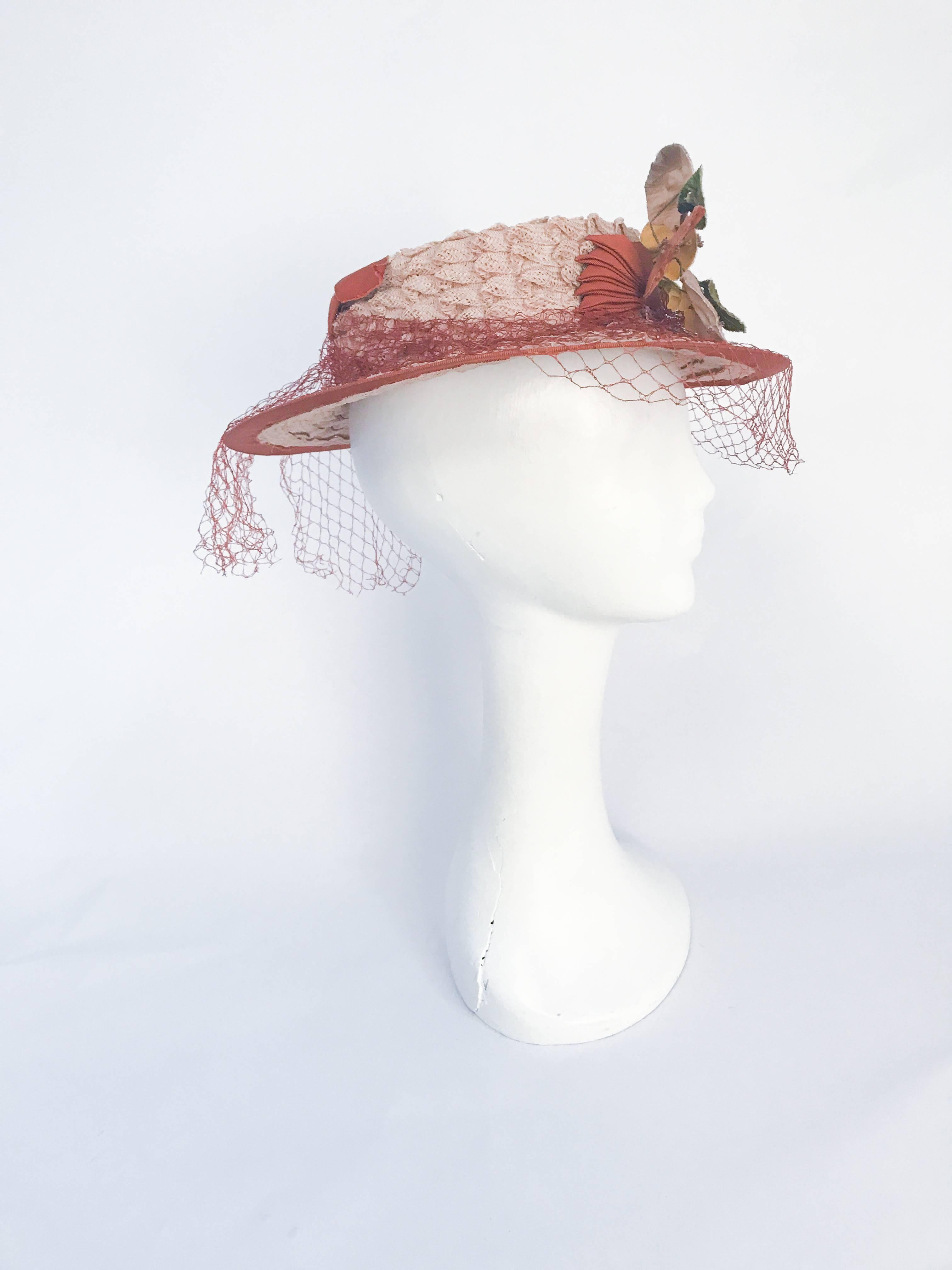 Beige 1940s Woven Coated Straw hat with Rust Trim and Velvet Fruit