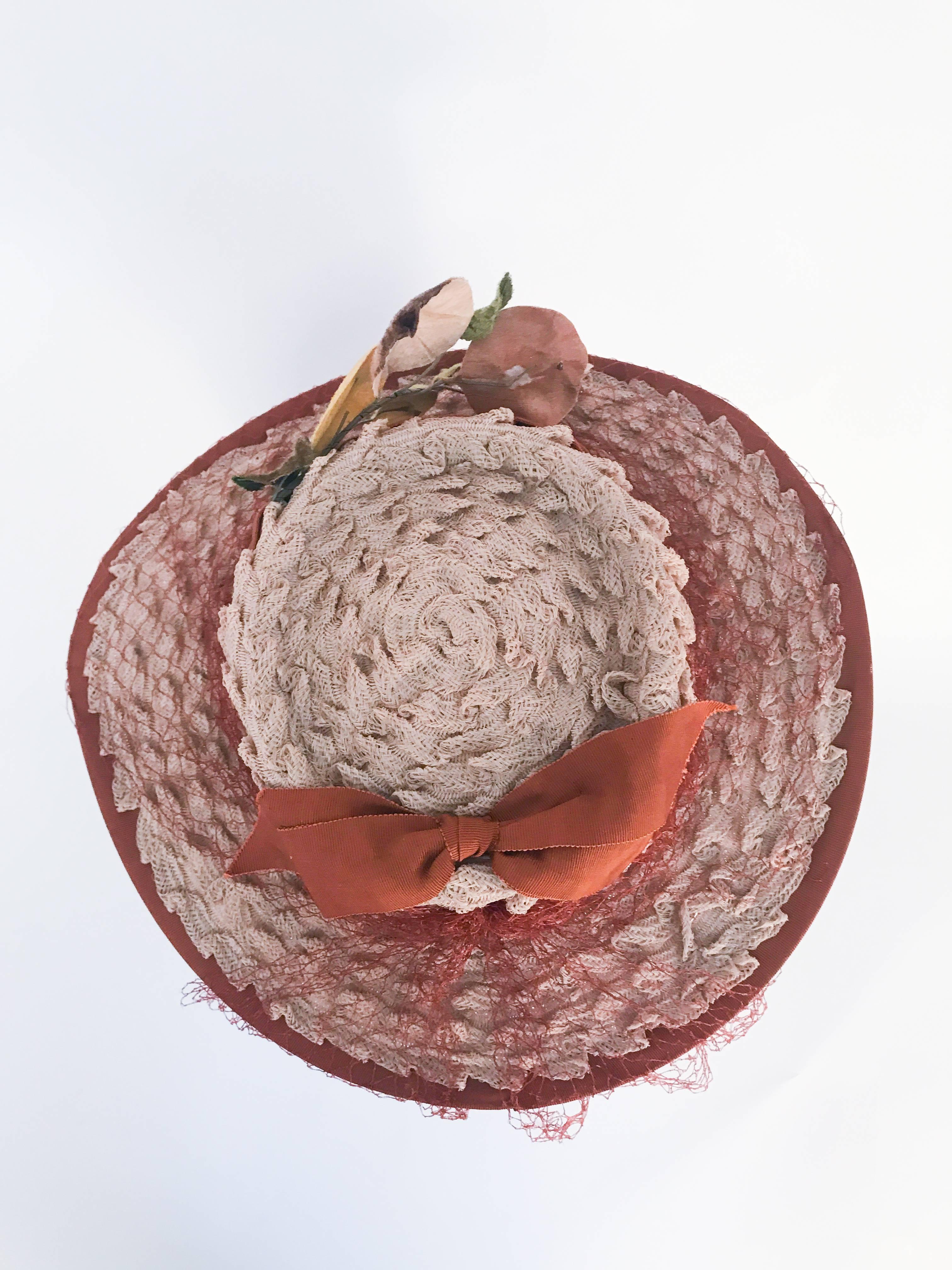 Women's 1940s Woven Coated Straw hat with Rust Trim and Velvet Fruit