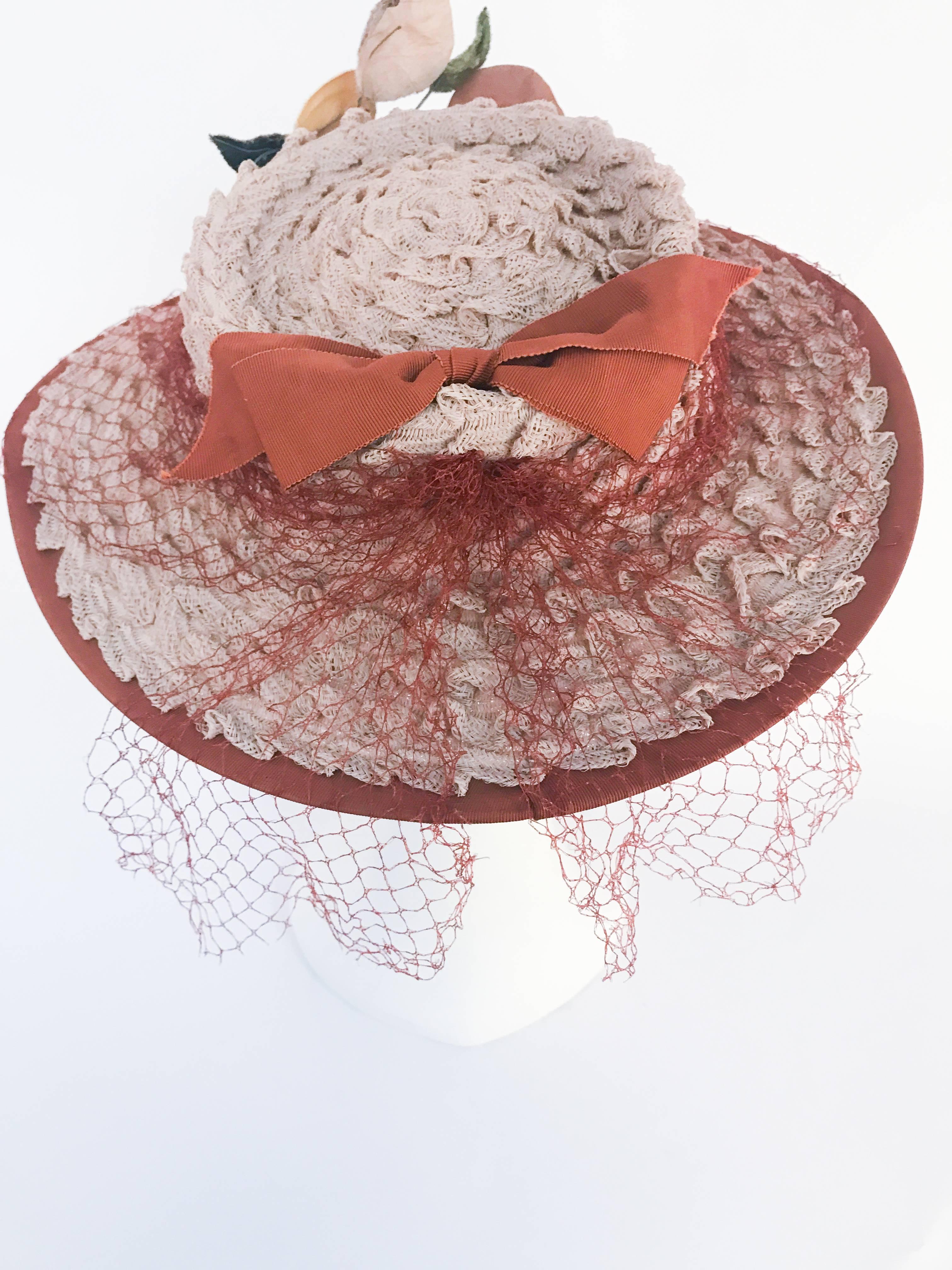 1940s Woven Coated Straw hat with Rust Trim and Velvet Fruit 1