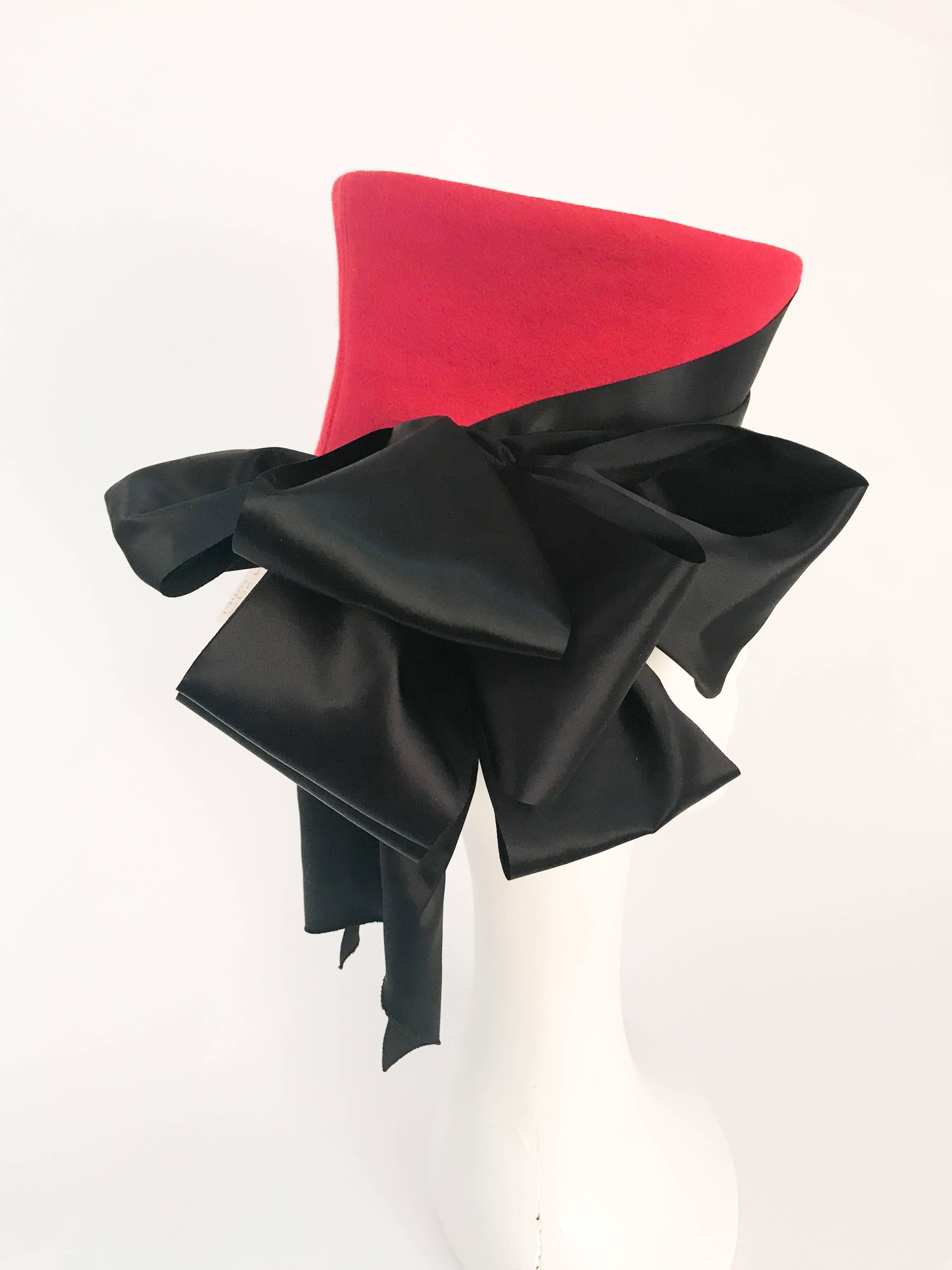 Gray 1940s Flora Weiler Rhubarb Red Tilt Hat with Satin Ribbon