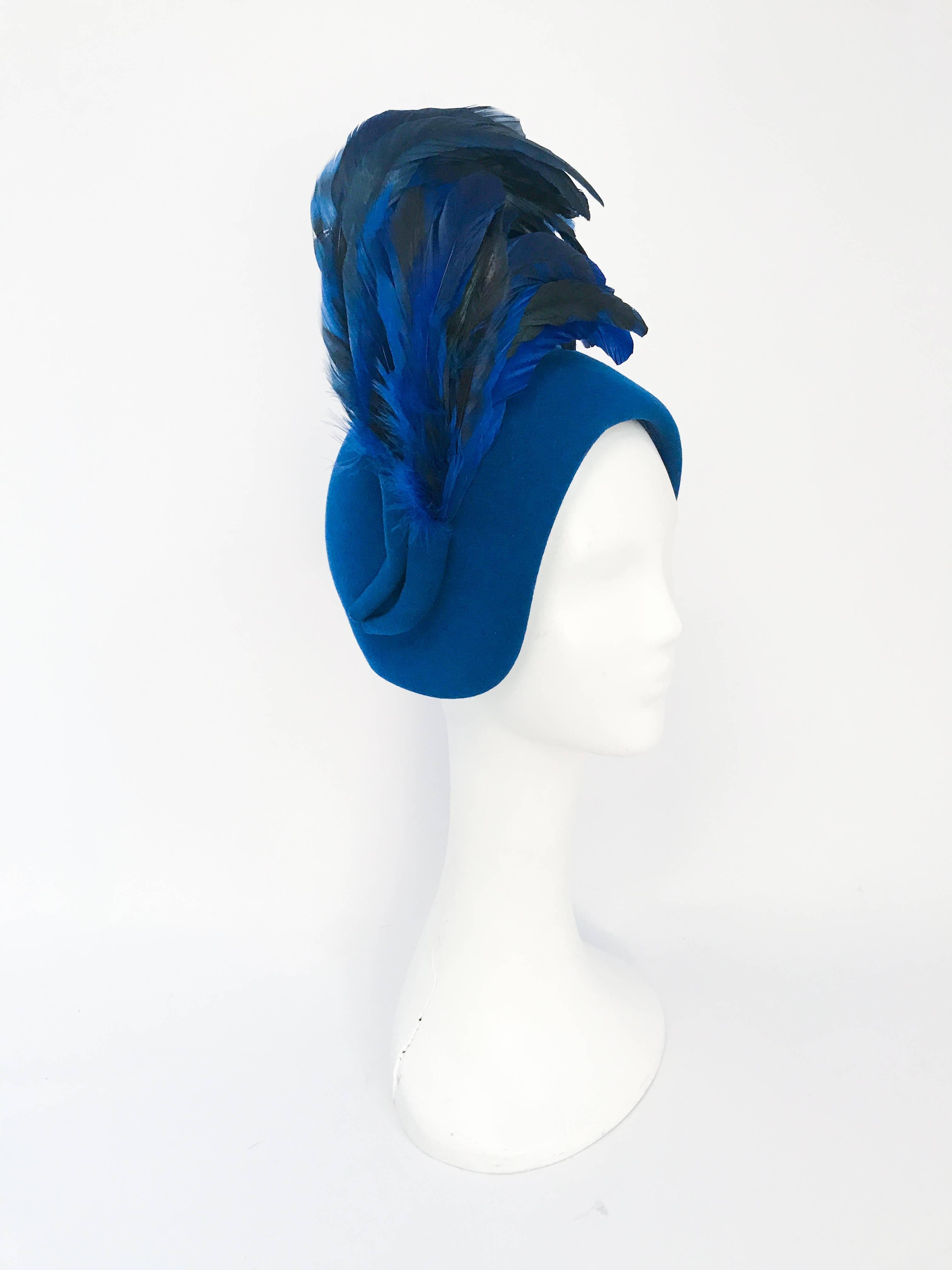 1960s Adolfo II Royal Blue Felt Hat with Matching Cock Feathers