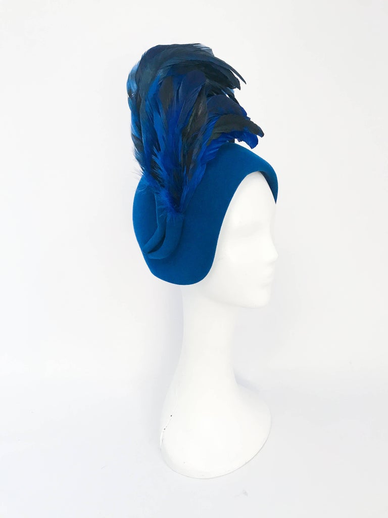 Adolfo II Royal Blue Felt Hat with Matching Cock Feathers, 1960s at ...