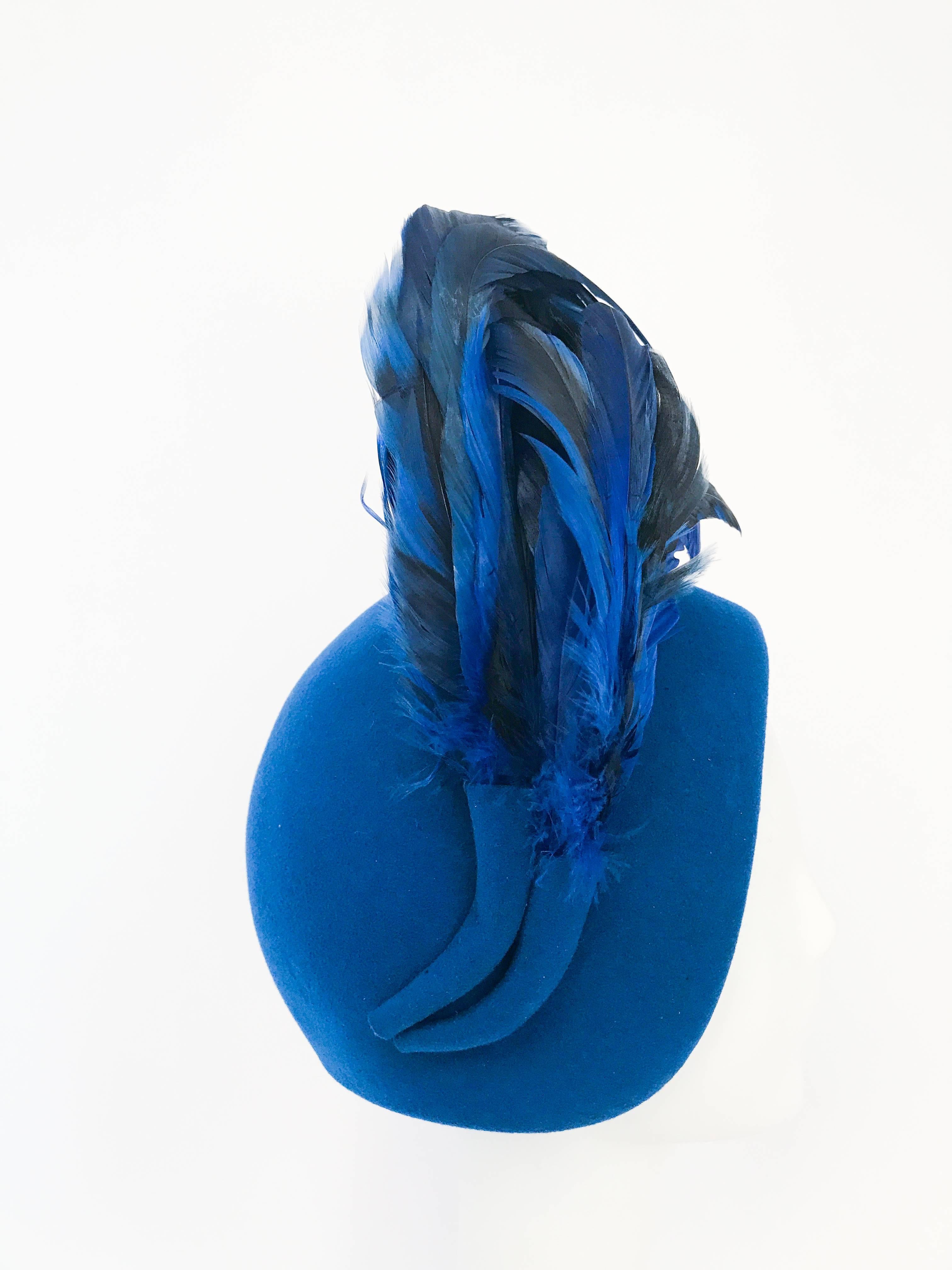Adolfo II Royal Blue Felt Hat with Matching Cock Feathers, 1960s  In Good Condition In San Francisco, CA