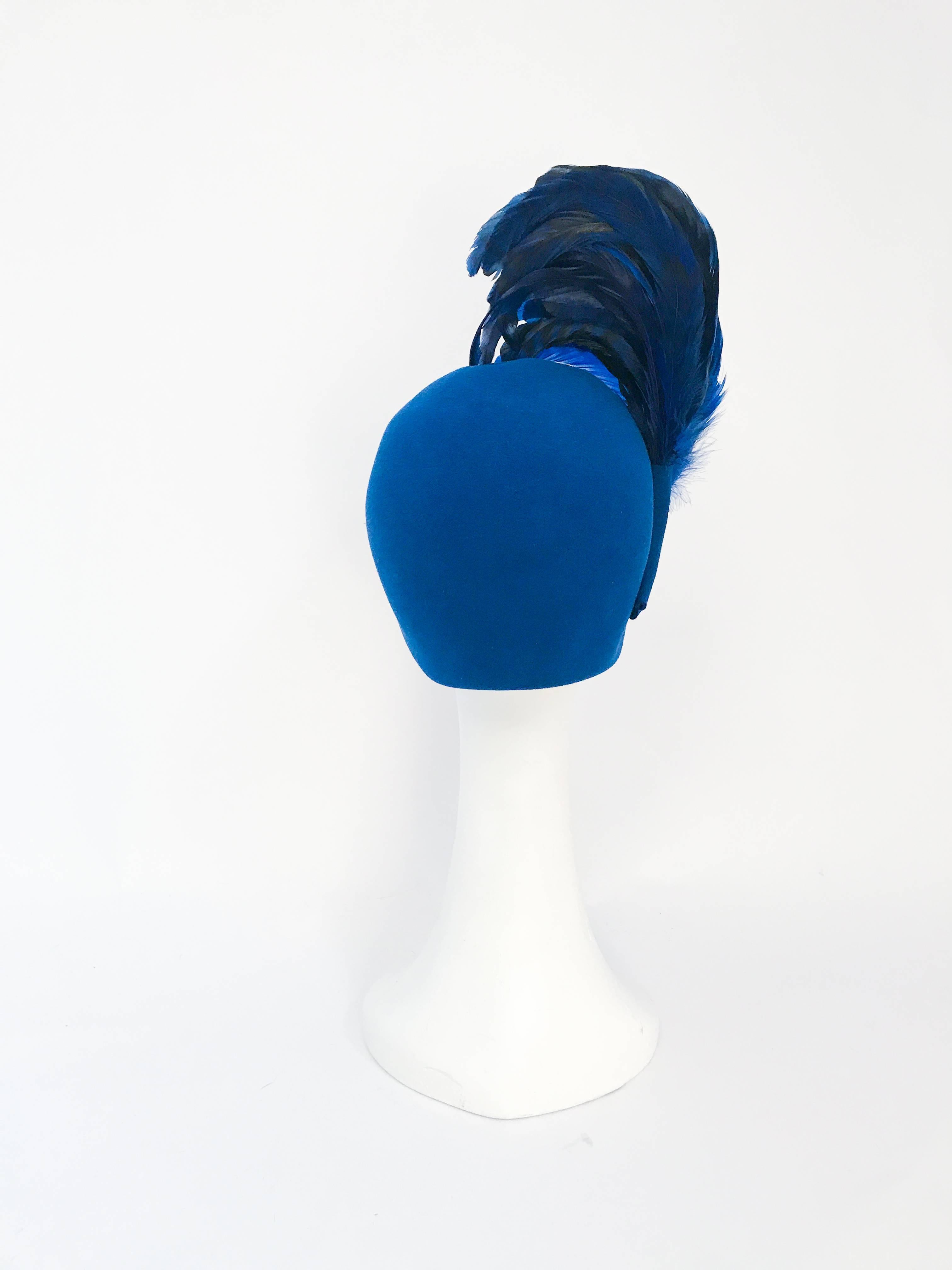 Women's Adolfo II Royal Blue Felt Hat with Matching Cock Feathers, 1960s 