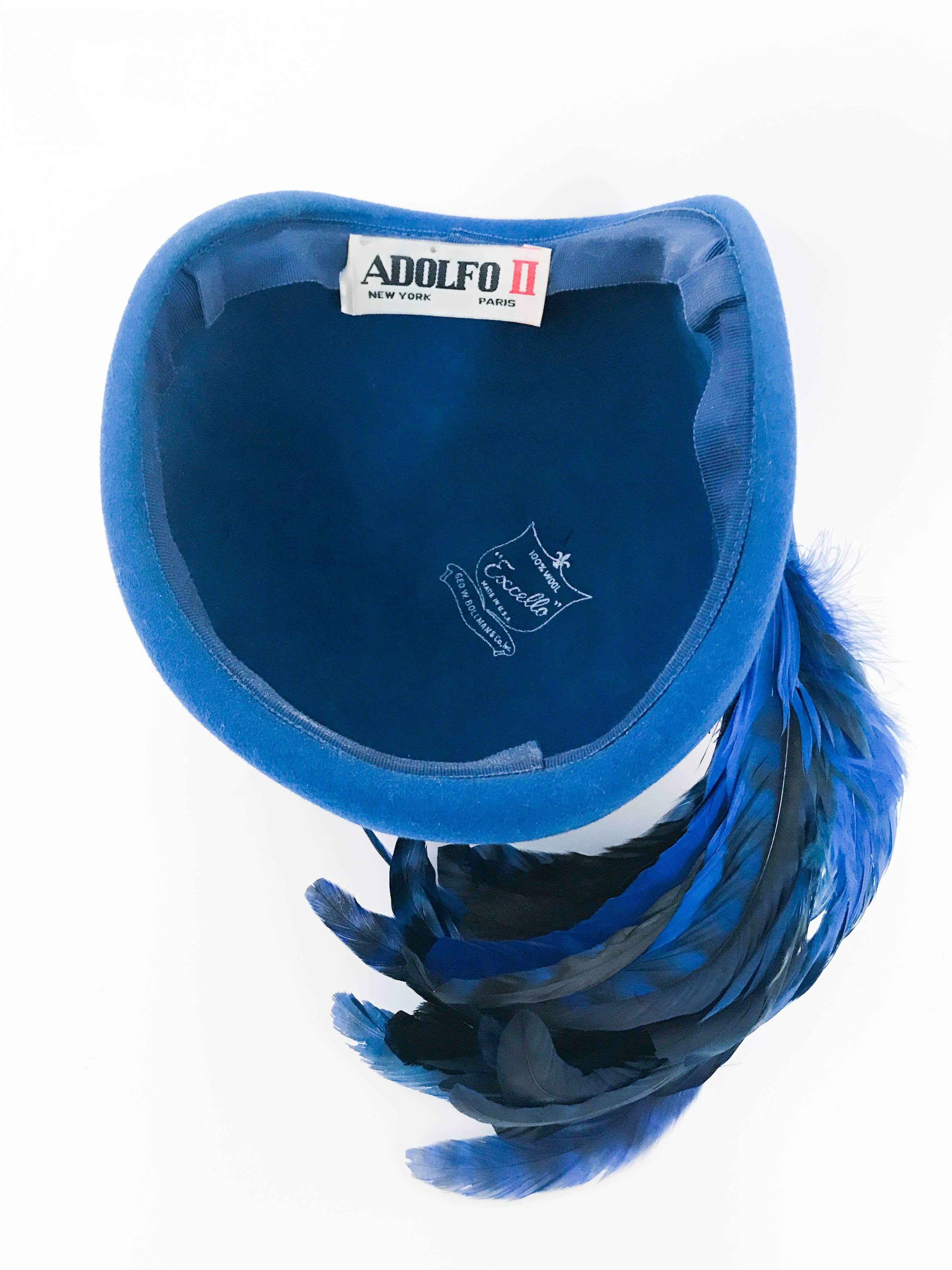 Adolfo II Royal Blue Felt Hat with Matching Cock Feathers, 1960s  1