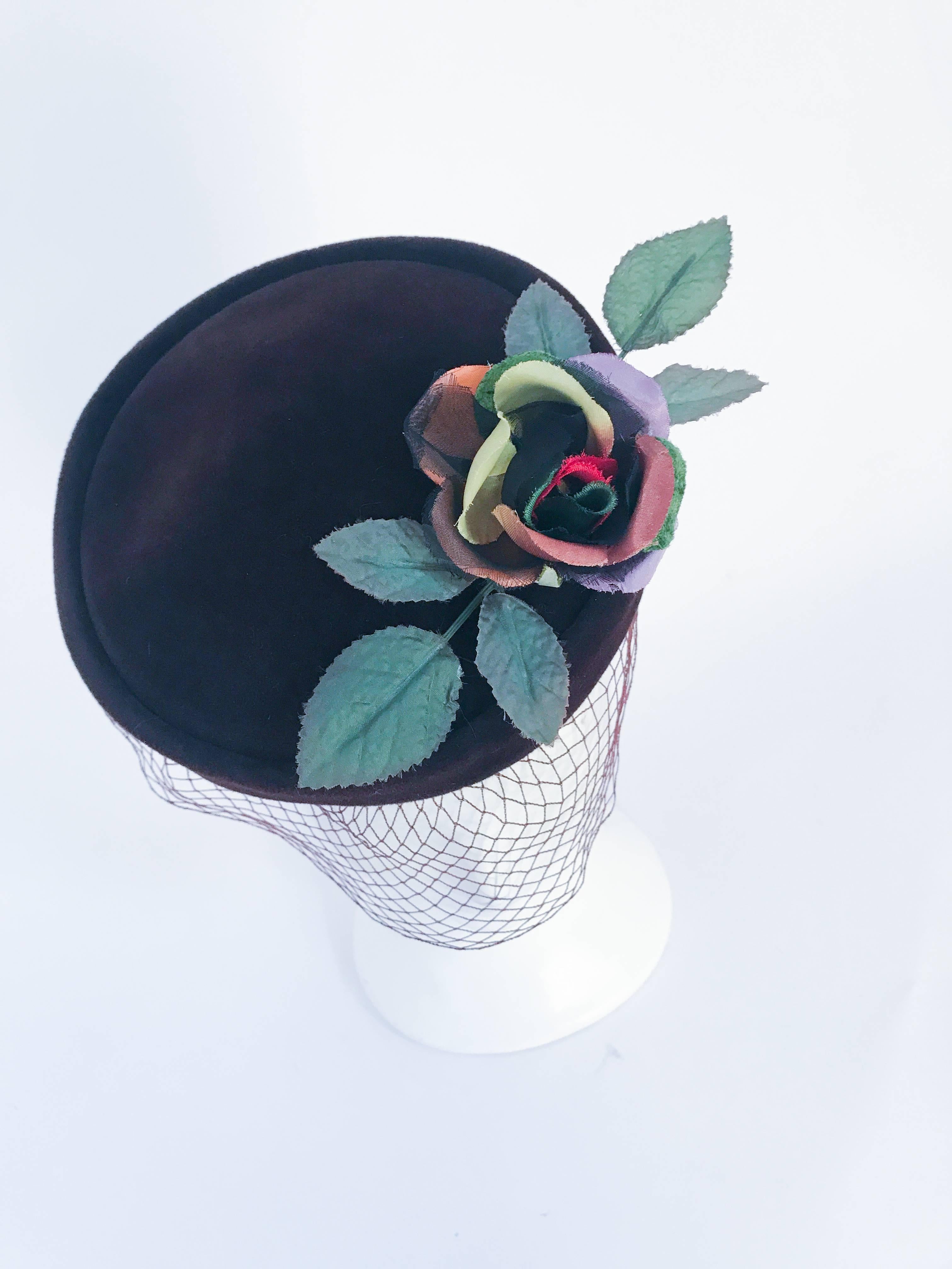Gray 1950s Brown Velvet Cocktail hat with Multicolored Rose For Sale