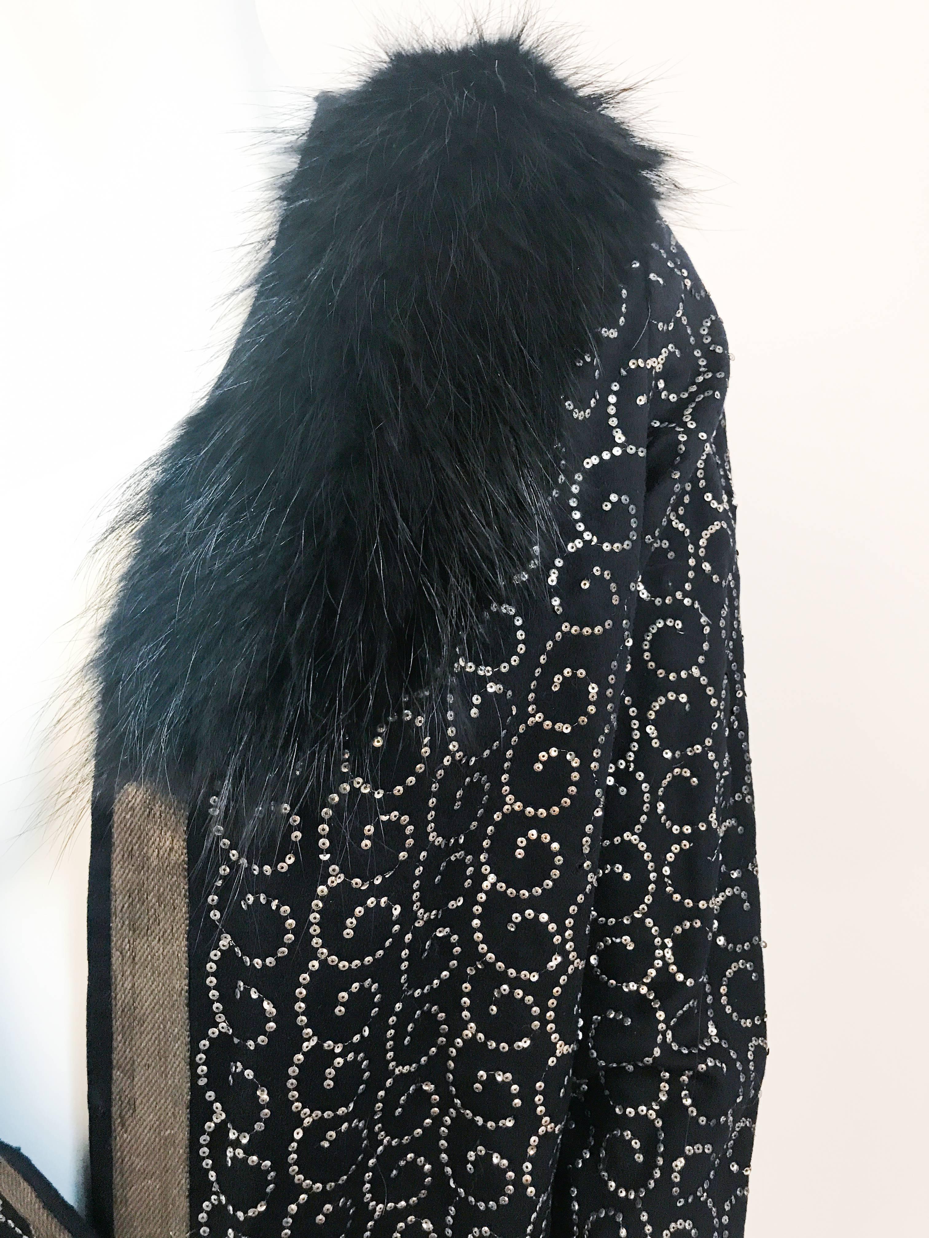 1920s Black Wool Evening Coat with Silver Sequins In Fair Condition For Sale In San Francisco, CA
