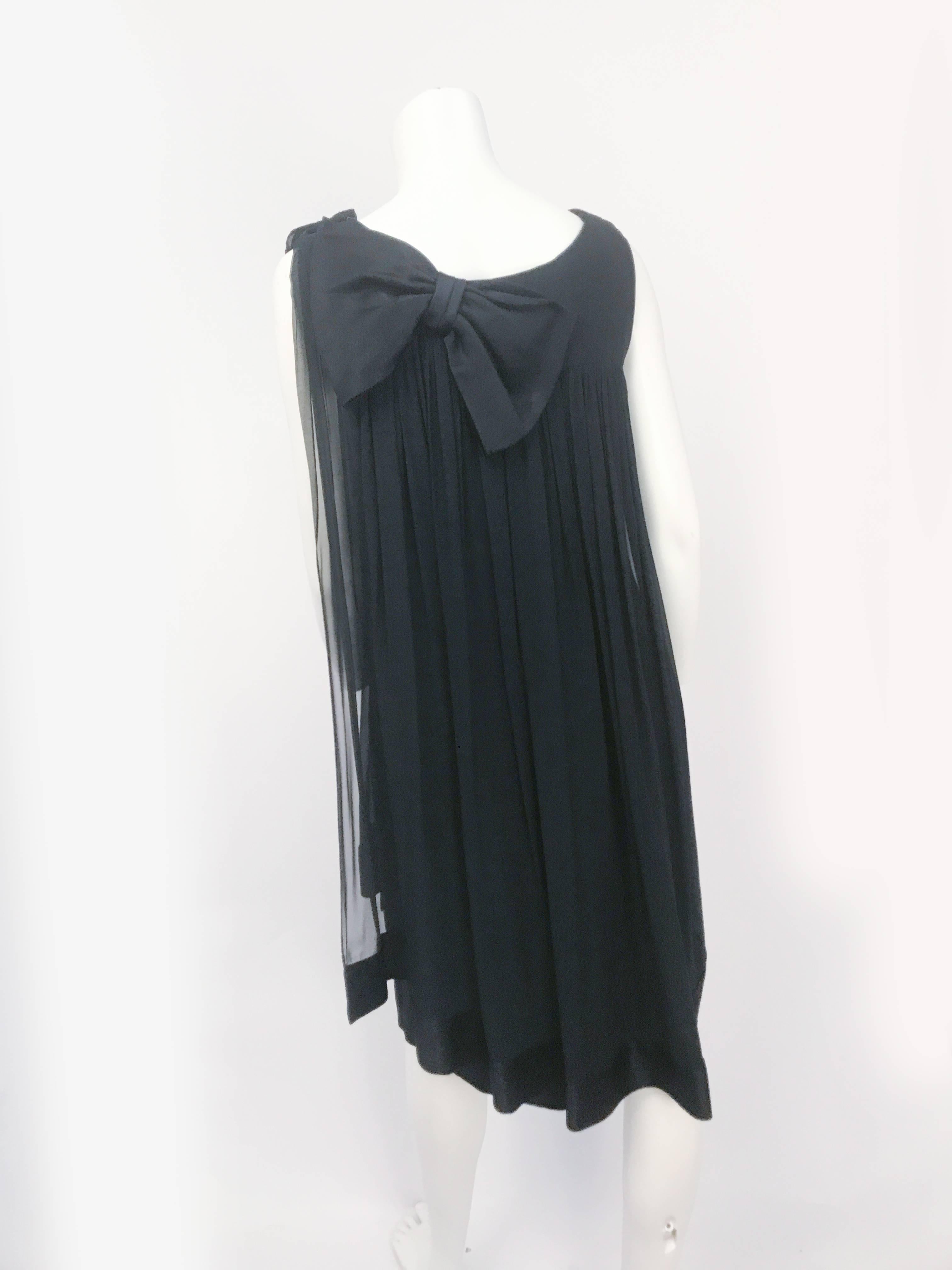1960s Black Silk Crepe Sheath Dress with Chiffon and Satin Drape For Sale 1