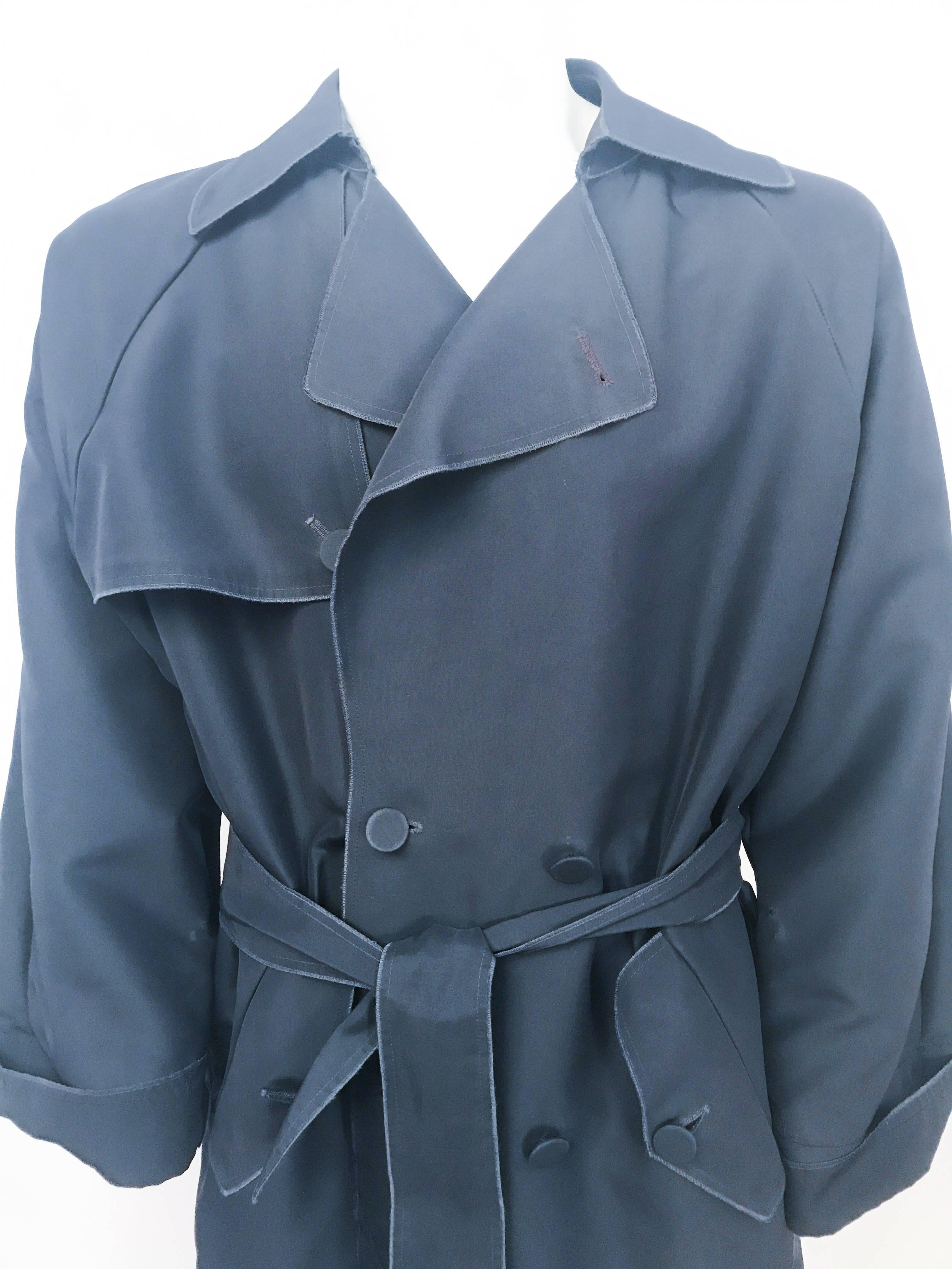 2000s Lanvin Slate Grey Coat. Slate grey coat with stylistically unfinished edges and original sash.