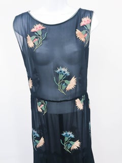 1920s Black Silk Chiffon Party Dress with Embroidery