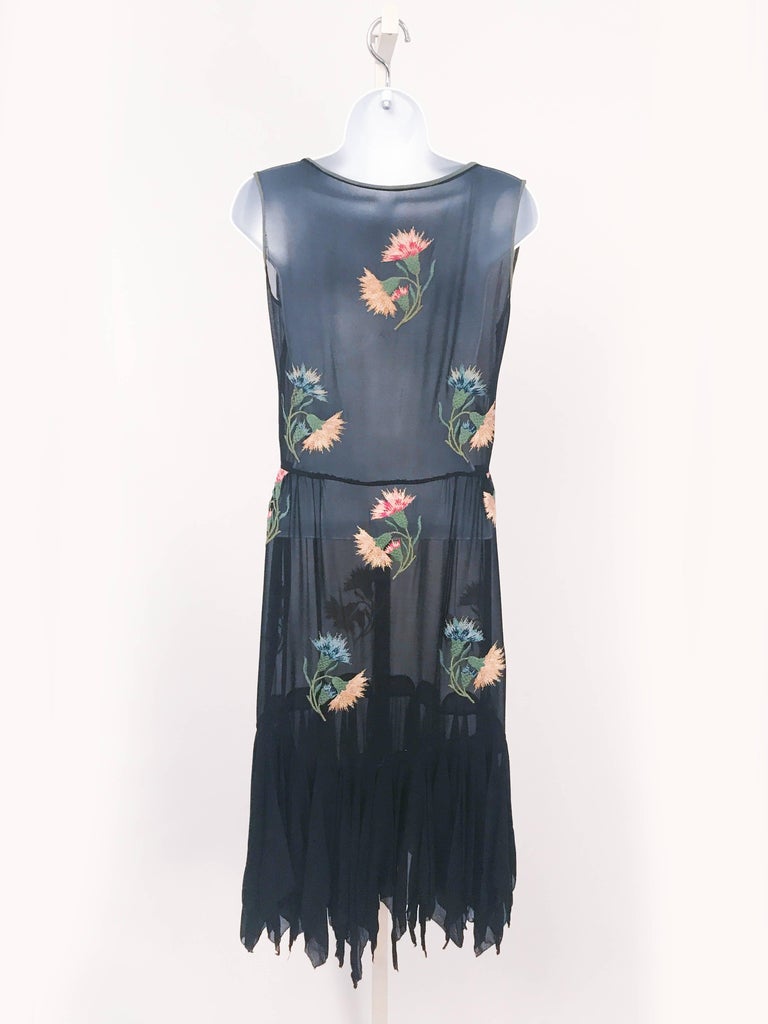 1920s Black Silk Chiffon Party Dress with Embroidery For Sale 1