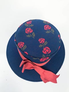 1960s Blue Woven Rose Boater Hat with Rust Hat Band and Bow