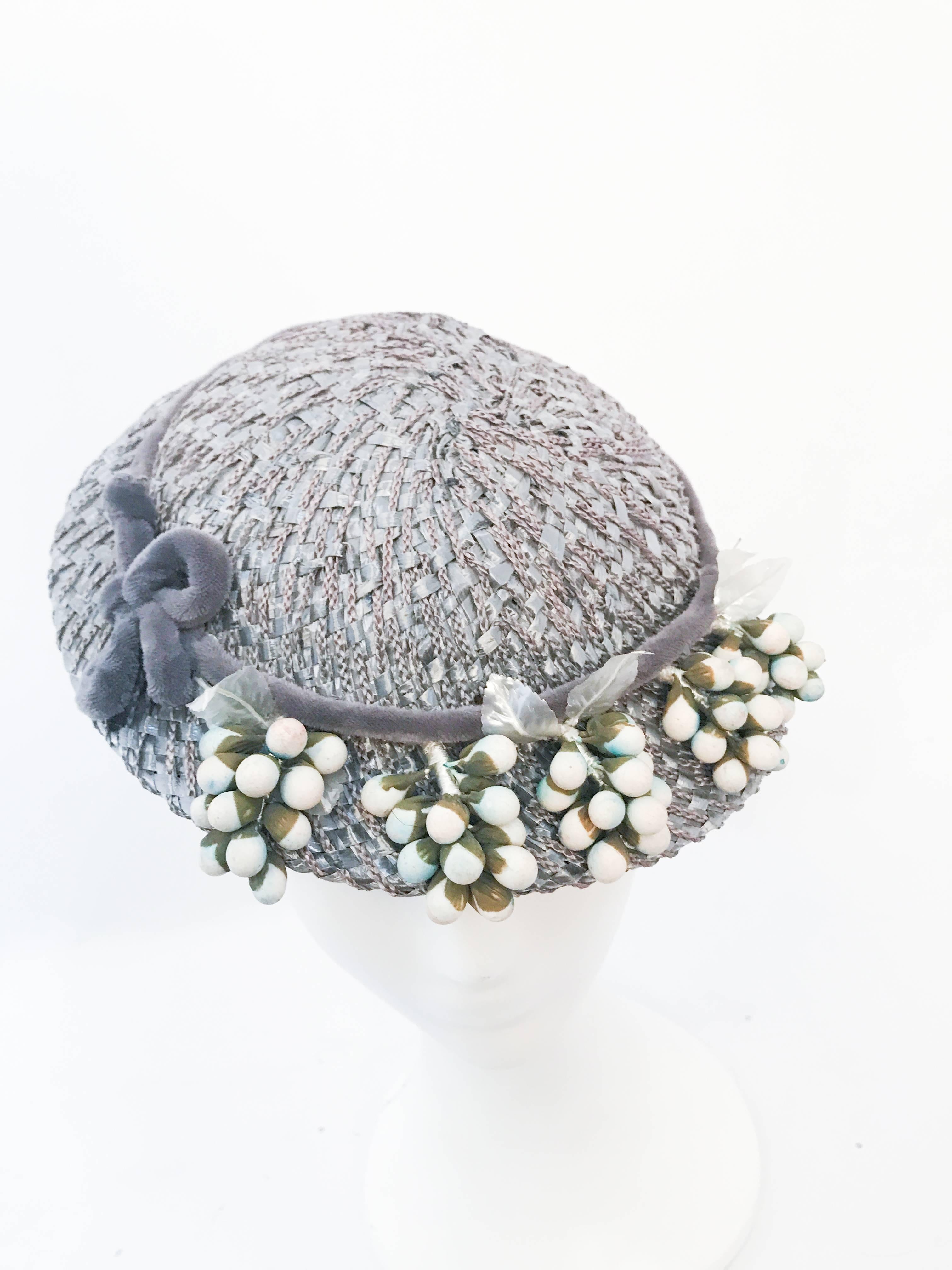 1950s Pewter Raffia Hat. Pewter raffia hat with handmade fruit and celluloid leaves and velvet cord trim.