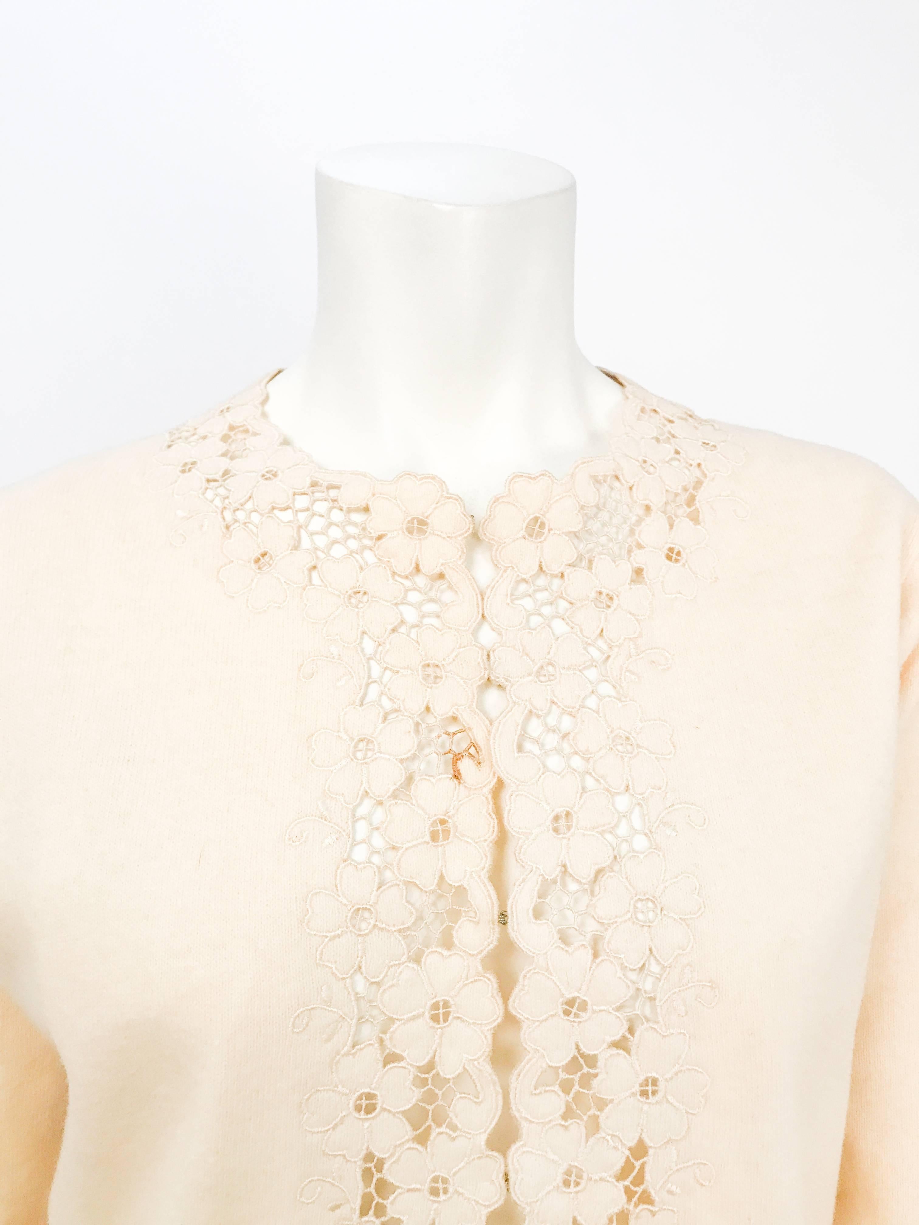 White 1950s Cream Wool Cardigan with Embroidery and Cut-work