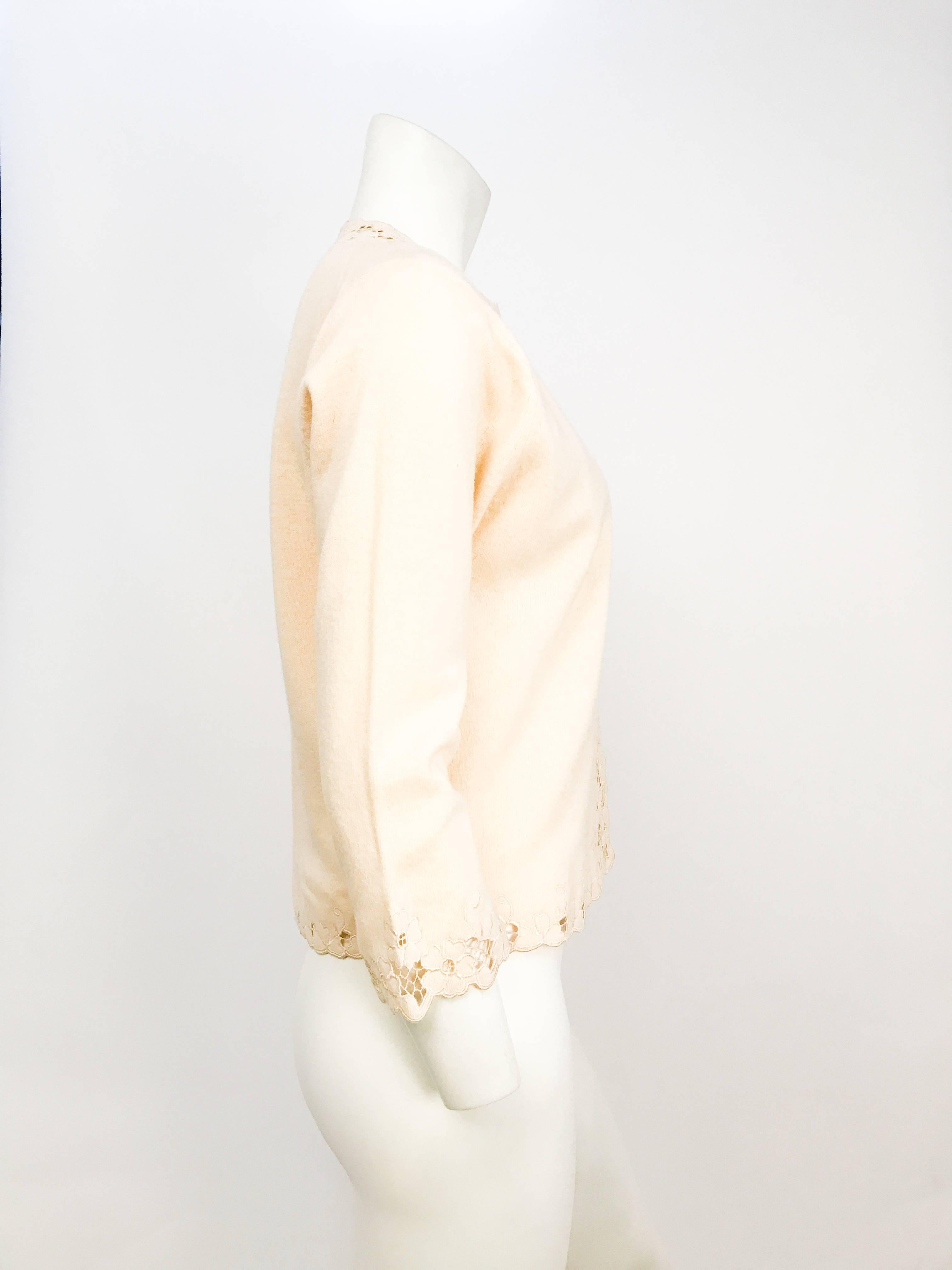 Women's 1950s Cream Wool Cardigan with Embroidery and Cut-work