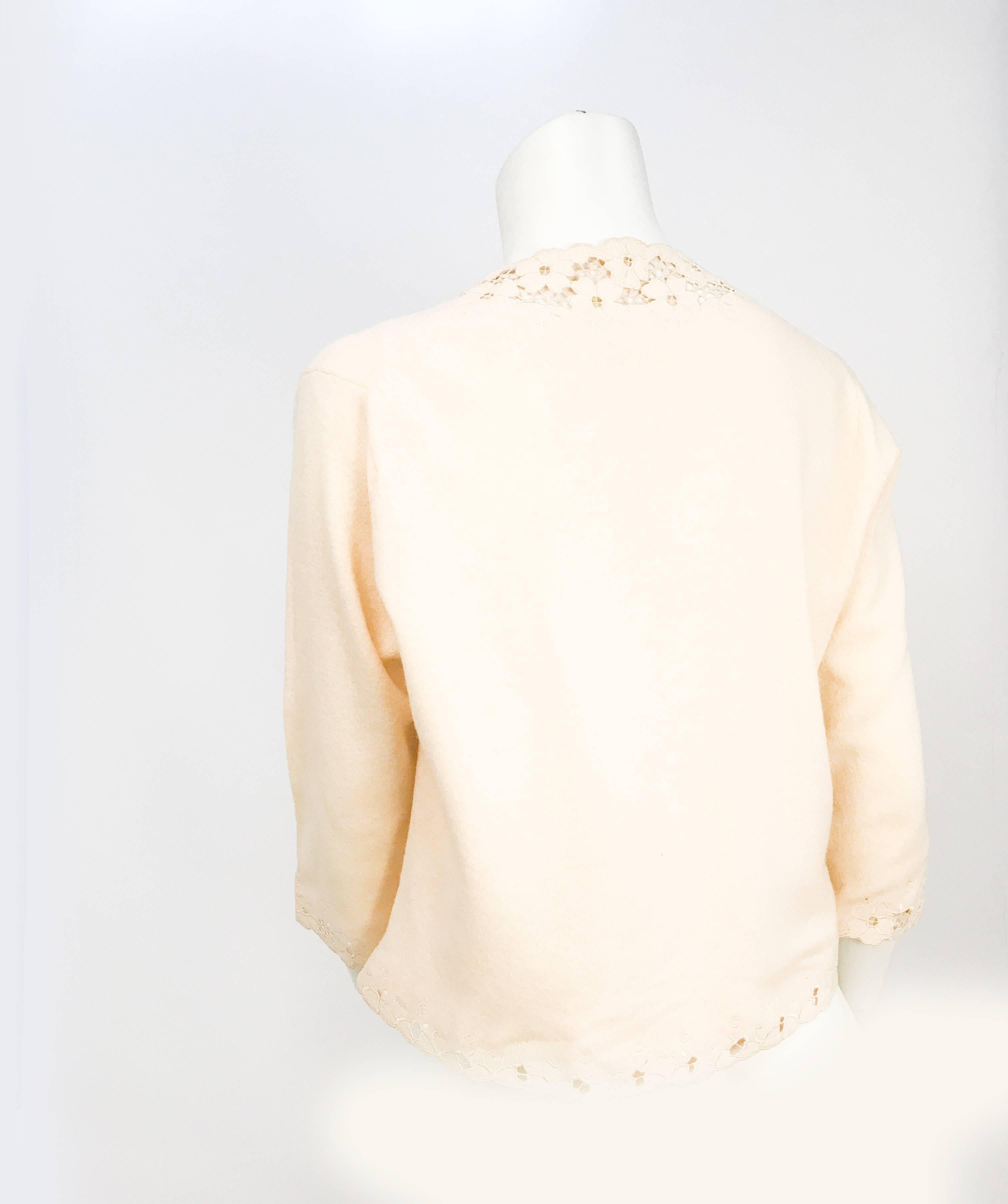 1950s Cream Wool Cardigan with Embroidery and Cut-work 1