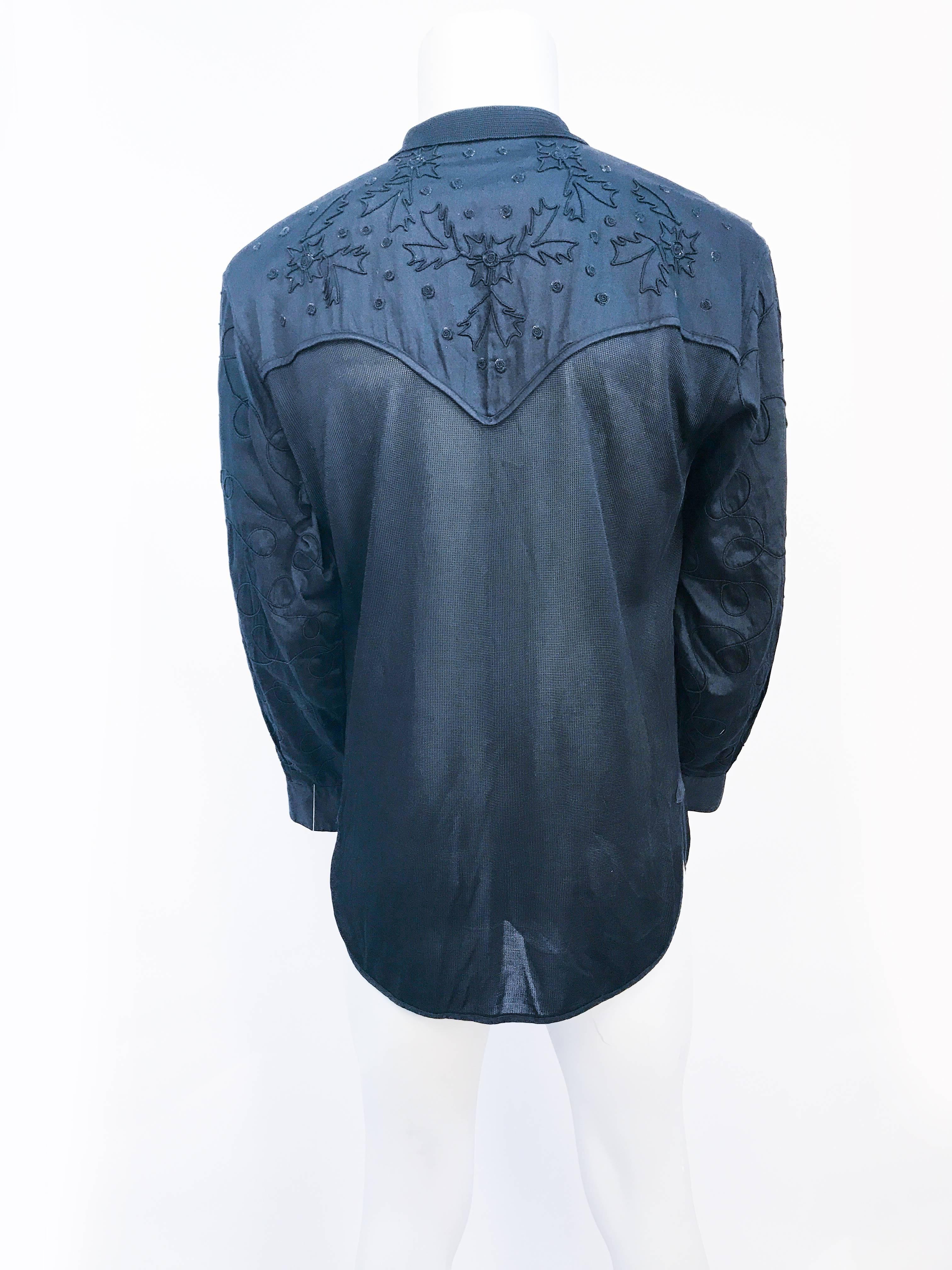Black 1980s Claude Montana Kintt and Embroidered Western Shirt