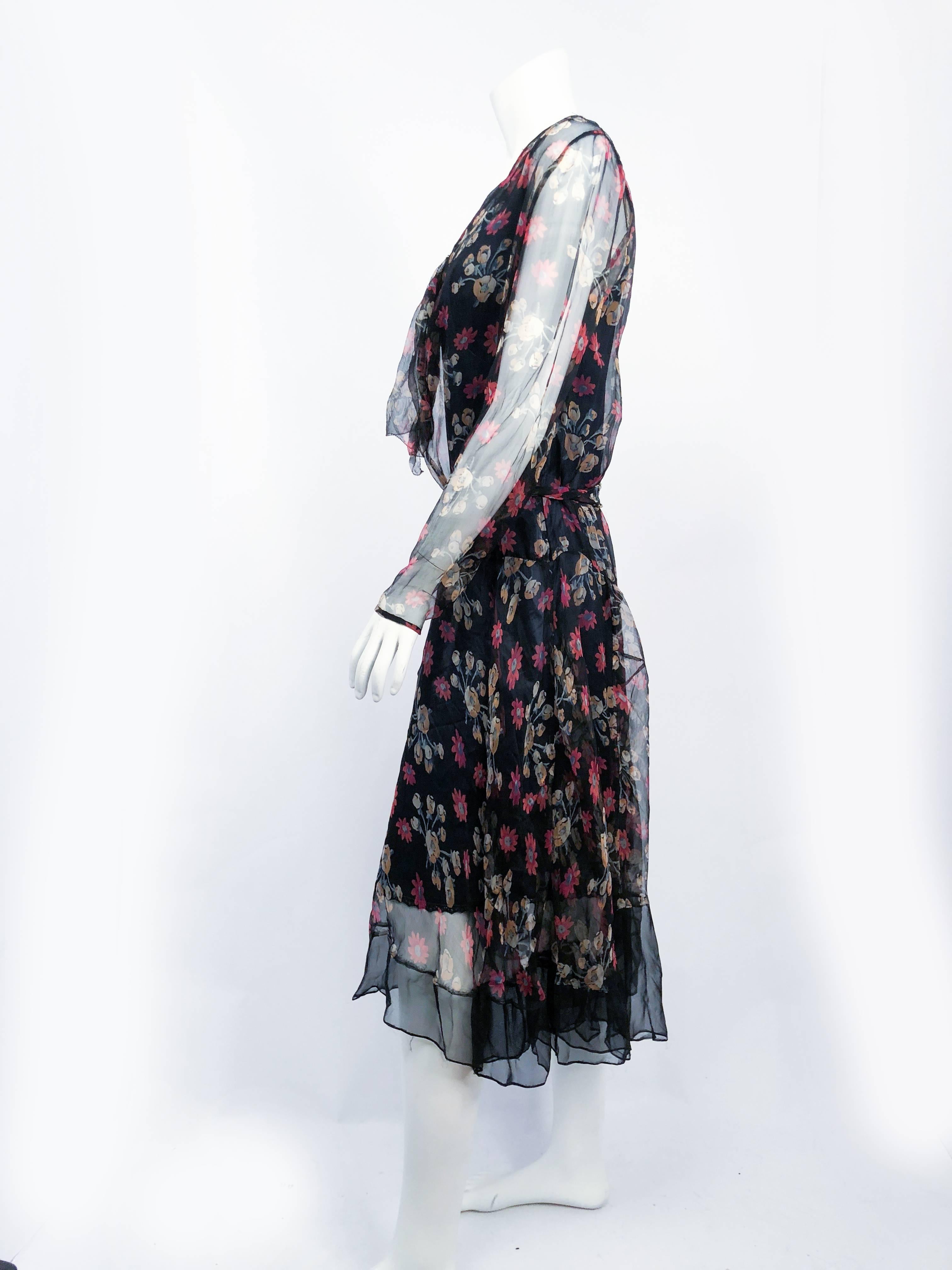 Black Sheer Floral Printed Silk Chiffon Dress, 1920s  For Sale